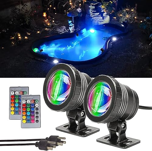 GOESWELL Foco RGB, paquete de 2 focos de colores, iluminación de paisaje de 10 W con control remoto, foco sumergible impermeable para estanque,