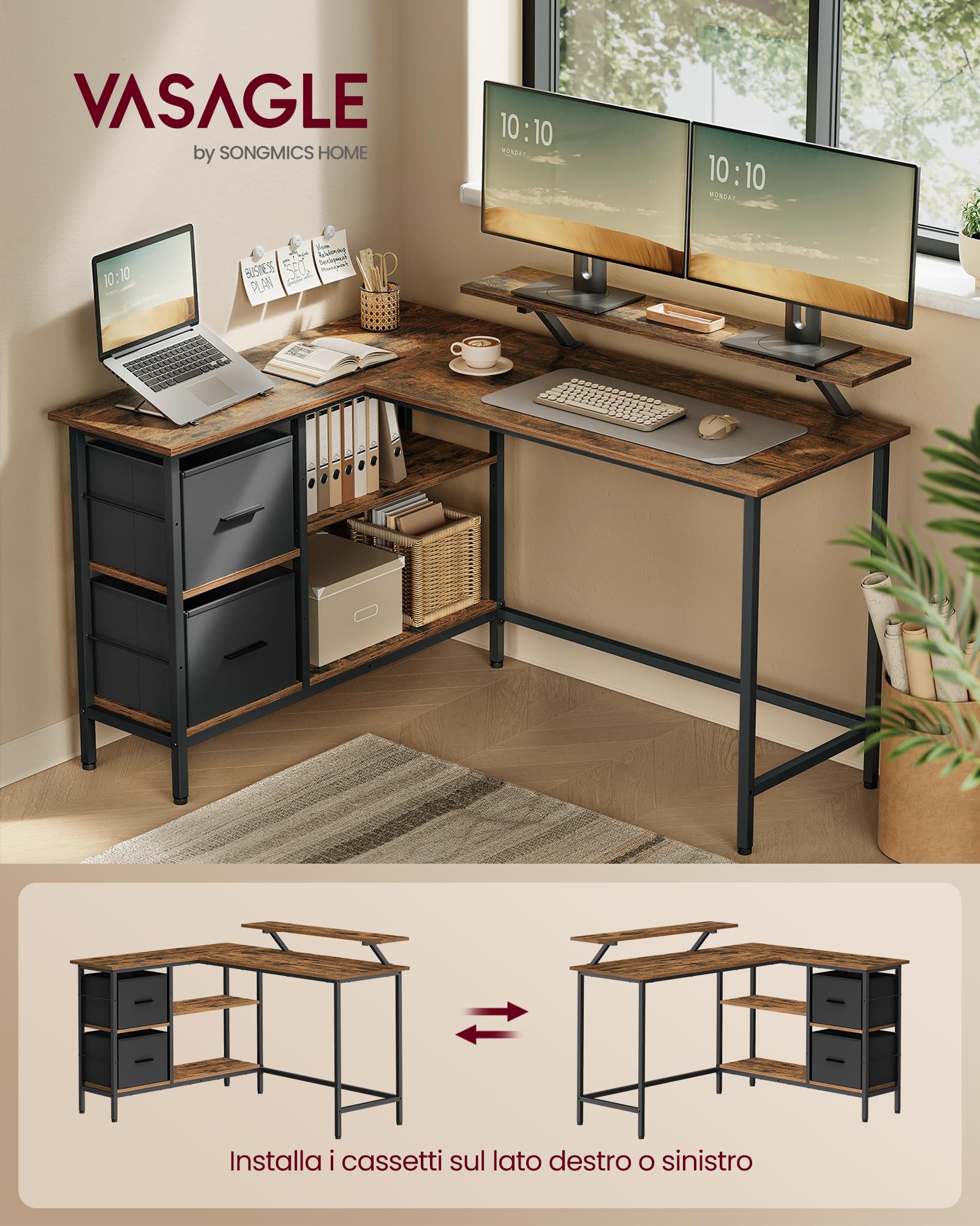 VASAGLE Scrivania per Computer a L, Scrivania ad Angolo con 2 Cassetti Spaziosi e Supporto per Monitor, Ripiano Regolabile, per Ufficio Studio, Marrone Vintage LWD098B01