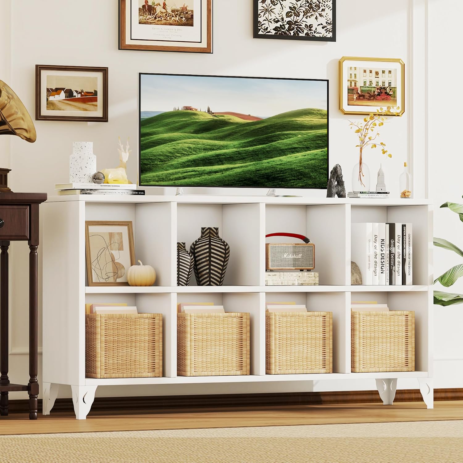 Metal 8 Cube Storage Organizer, Heavy-Duty Large Cube Shelf Bookcase with Legs, Waterproof Modern Cubby Bookshelf TV Stand for Home Office Living Room - White