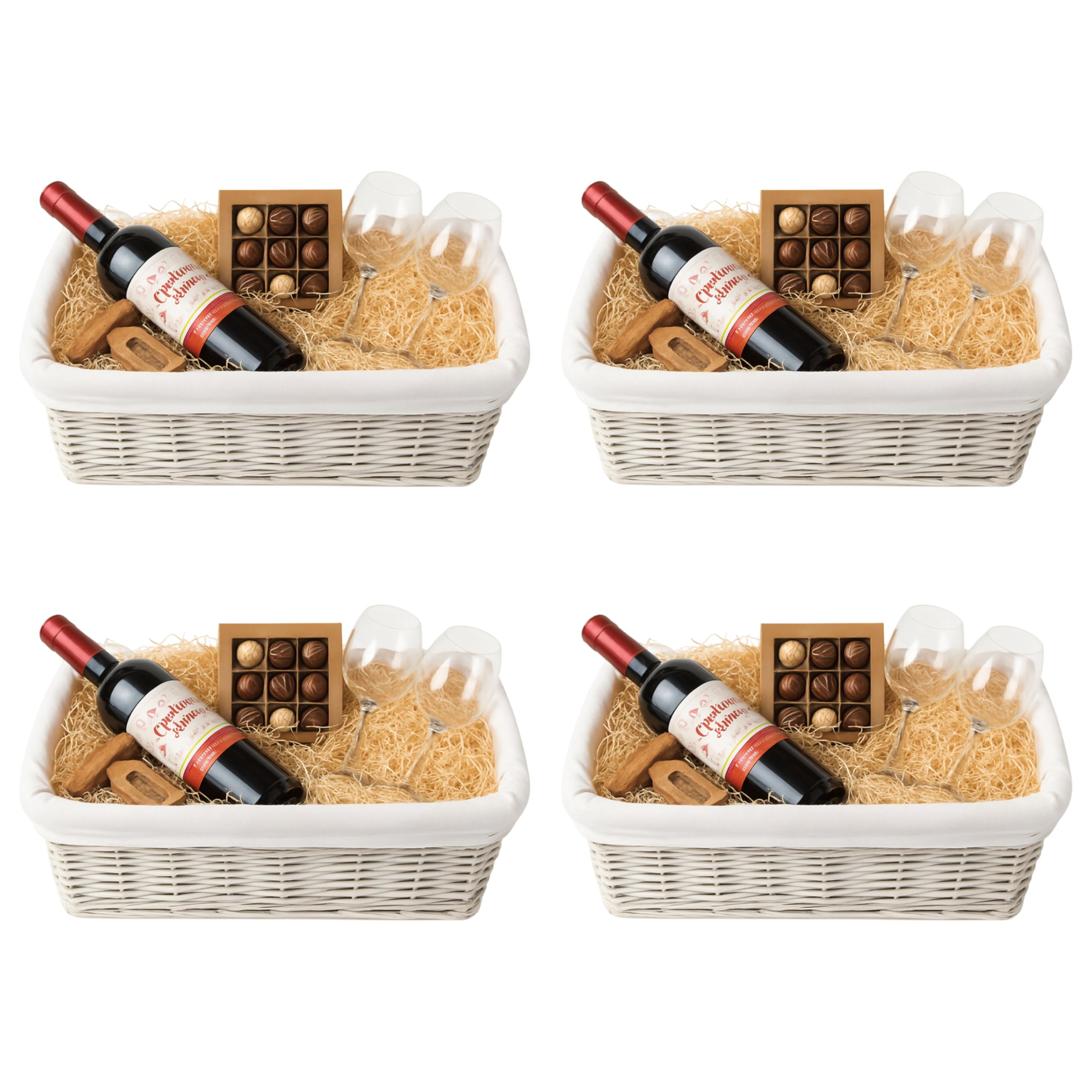 H-LINE 4 x MEDIUM White Wicker Willow Storage Baskets with Cloth Lining Ideal for Christmas/Easter/Newborn Gift Hamper, Make Your Own Hamper