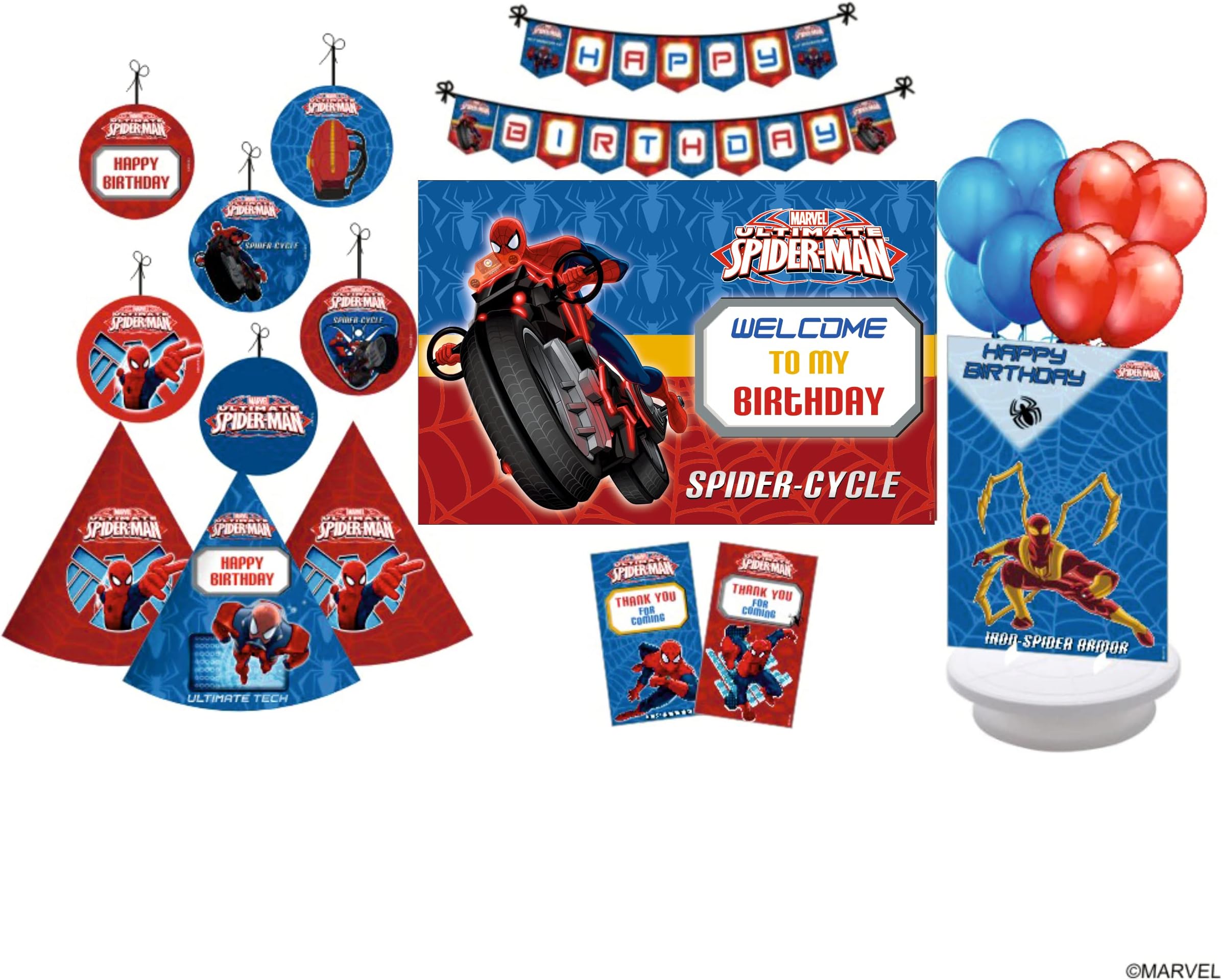 PRETTY UR PARTY Spider-Man Party decorations Kit - 80 pcs includes Banners, balloons, thank you, centerpiece, danglers, Caps, Spiderman Party Supplies, Birthday Decor, DIY Décor Pack for Kids