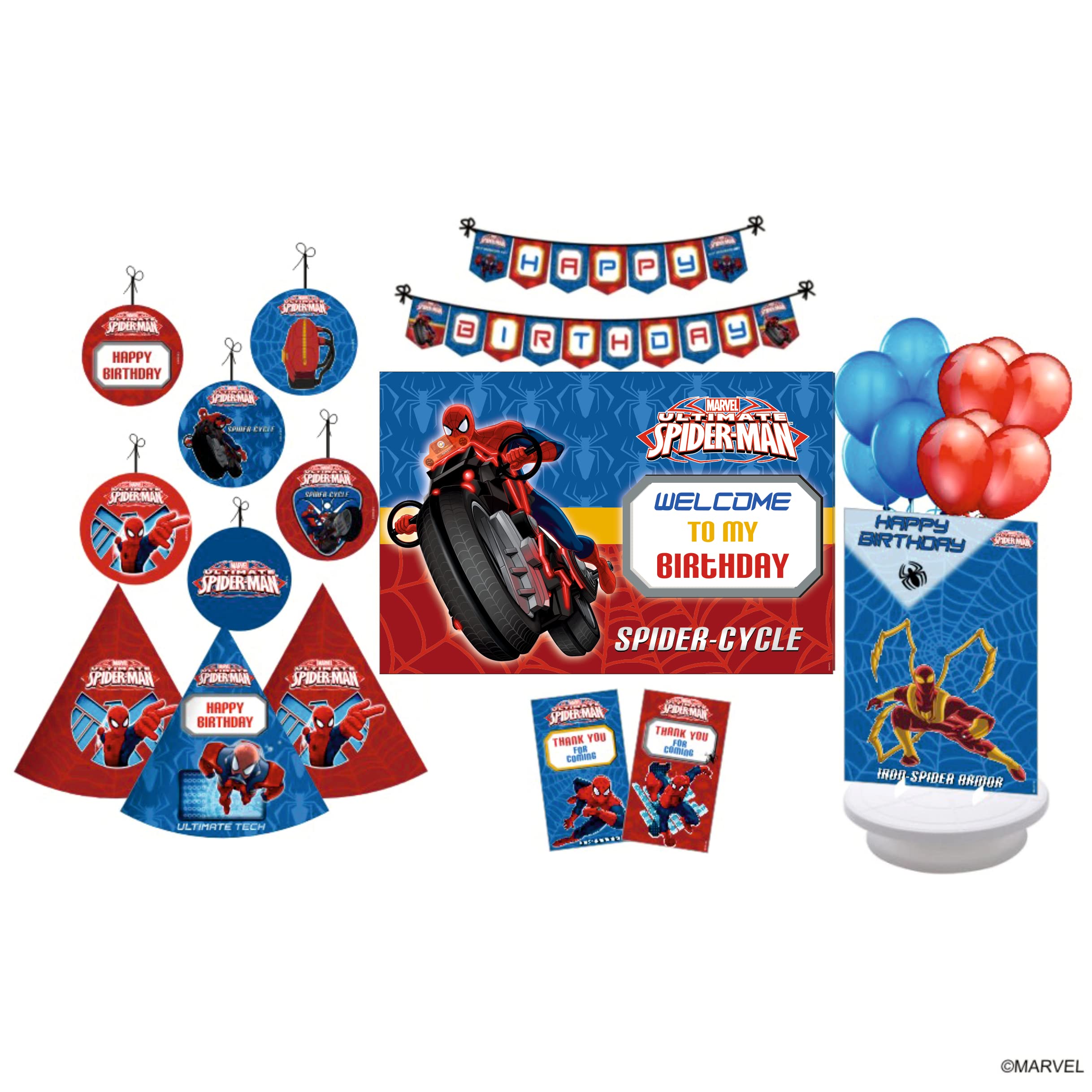 PRETTY UR PARTY Spider-Man Party decorations Kit - 80 pcs includes Banners, balloons, thank you, centerpiece, danglers, Caps, Spiderman Party Supplies, Birthday Decor, DIY Décor Pack for Kids