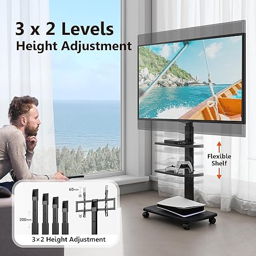 Miniatura 4 de FITUEYES Soporte de TV rodante, carrito de TV móvil con ruedas para televisores de pantalla plana de 32-65 y 70 pulgadas, soporte alto de suelo de