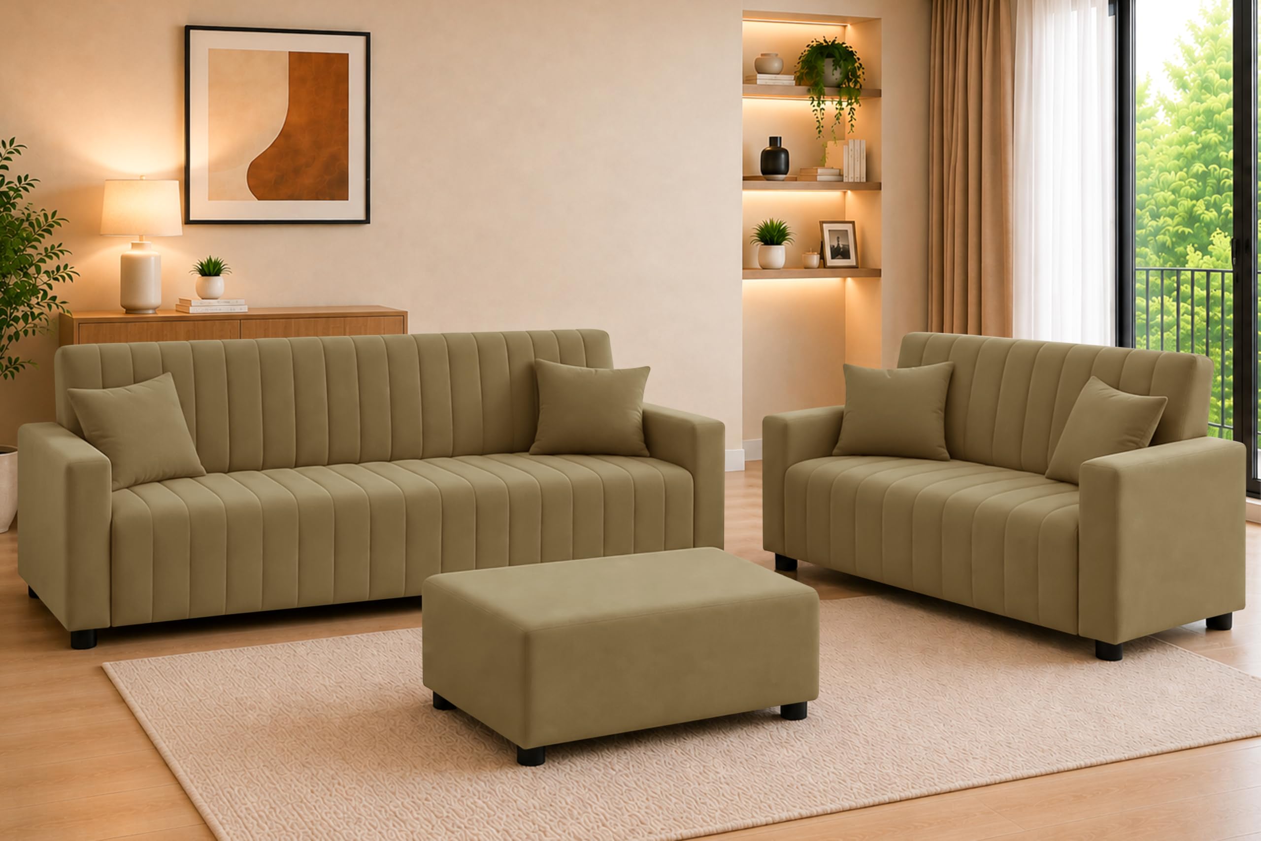 Rosebell 3+2 Fabric Sofa Set with Ottoman | Premium Upholstery 5-Seater Sofa | with Printed Cushions | Living Room Furniture |Golden-Color