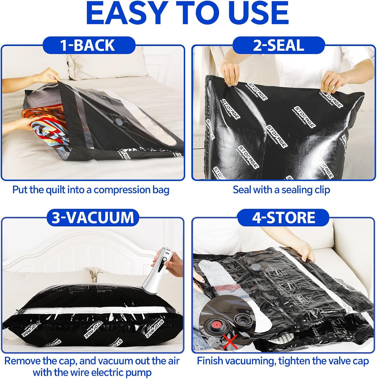 Extra Large Vacuum Storage Bags with Electric Pump, 6 Pack Vacuum Seal Bags for Clothing, Bedding, Pillow, Comforters, Blankets, Compression Bags Includes Portable Pump for Home Organization Storage