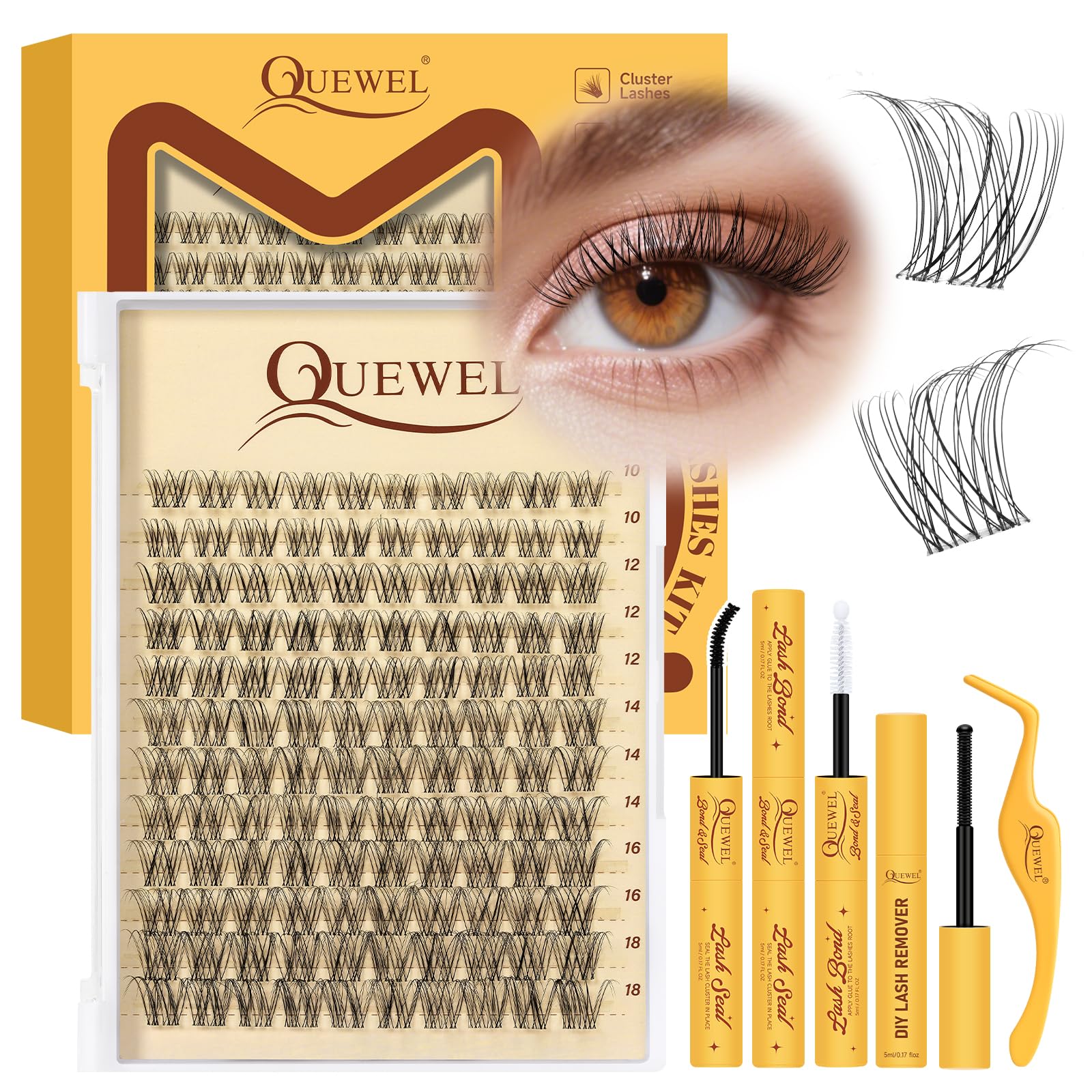 QUEWEL Cluster-Lashes Set 120STK, Mix10–18mm DIY Wimpern-Extensions Set mit Wimpernkleber und Pinzette und Entferner, Lash-Extension-Set für den Alltag Partys Lash-Clusters (Fairy-Kit-C)