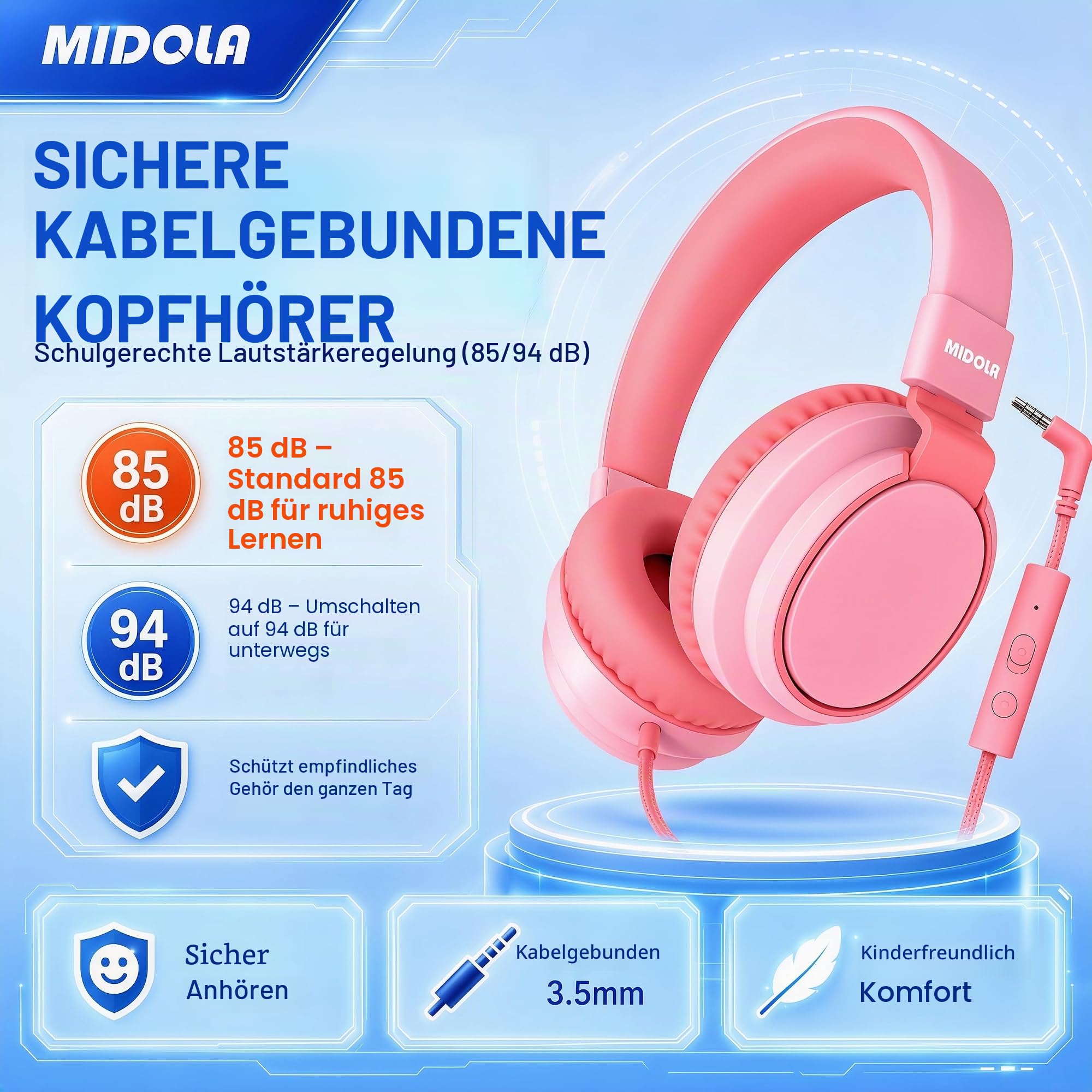 MIDOLA Kinderkopfhörer, kabelgebunden, Lautstärkebegrenzung 85/96 dB, Over-Ear/On-Ear, faltbares Headset mit Inline-Kabel, AUX-3,5-mm-Kabelmikrofon für Kinder, Jungen und Mädchen, Rosa