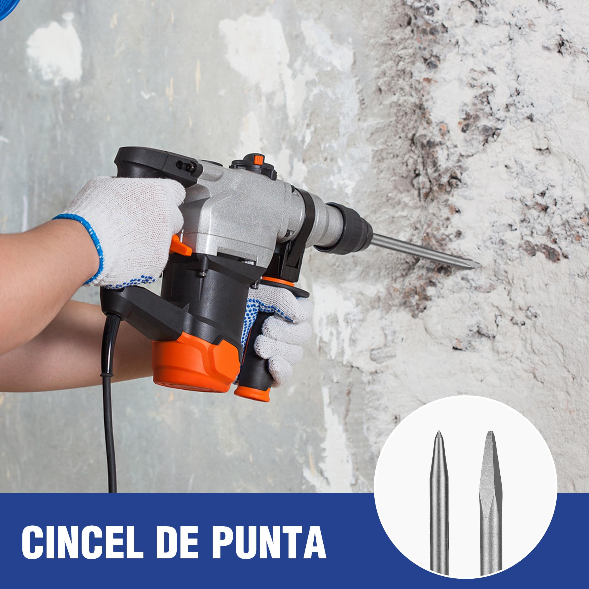 WORKPRO Juego Brocas Cinceles SDS Plus 15 Piezas, Hormigón | Incluye Cinceles Puntiagudos y Planos para Ladrillo, Cemento, Piedra y Trabajos de Mampostería