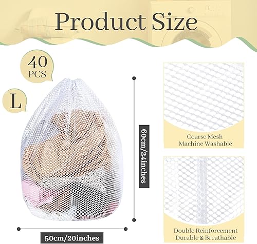Miniatura 2 de Bolsas de lavandería de malla a granel con cordón de 20 x 24 pulgadas, bolsa de malla blanca resistente, lavable a máquina, bolsa de lavado de red