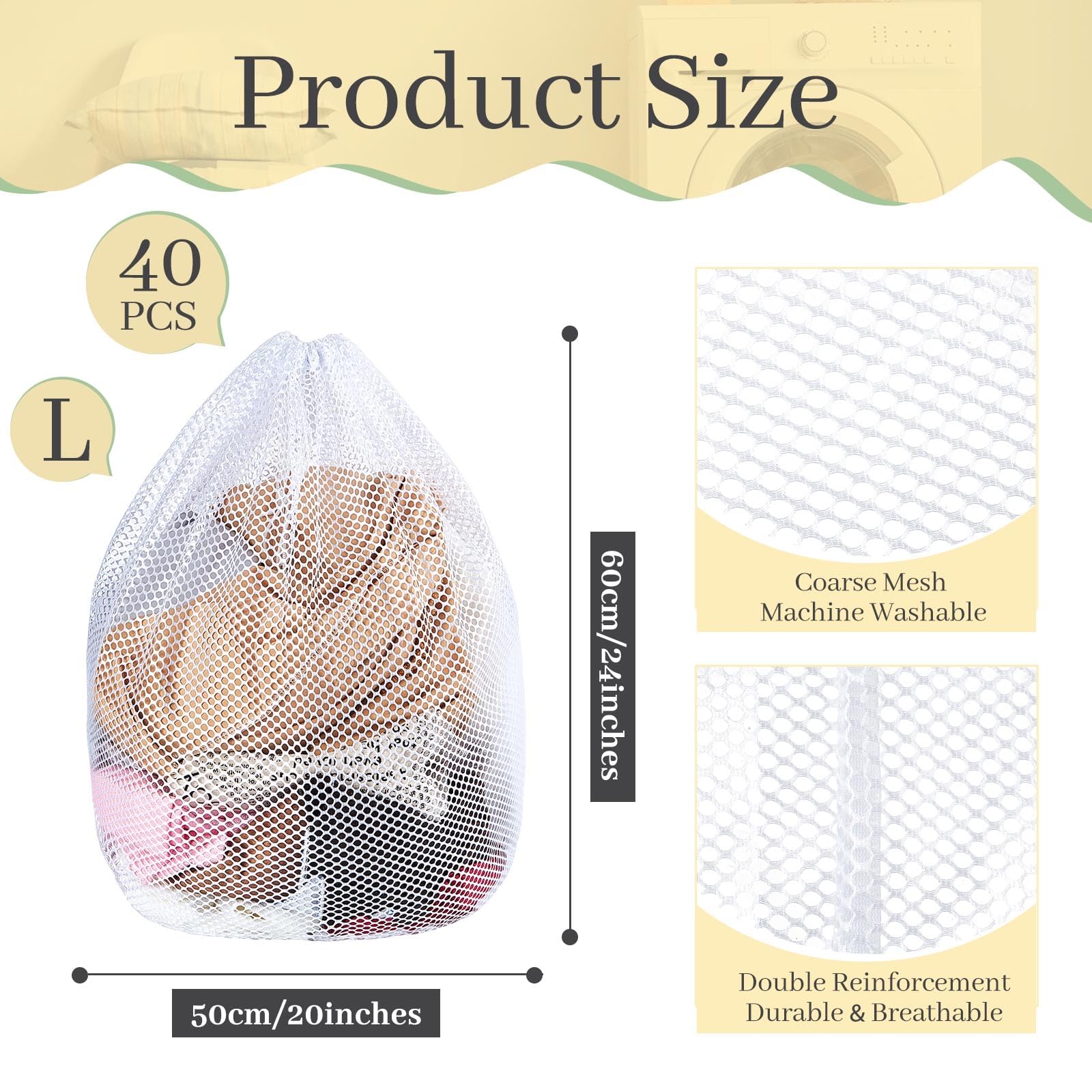 Bolsas de lavandería de malla a granel con cordón de 20 x 24 pulgadas, bolsa de malla blanca resistente, lavable a máquina, bolsa de lavado de red grande para dormitorio, universidad, apartamento,