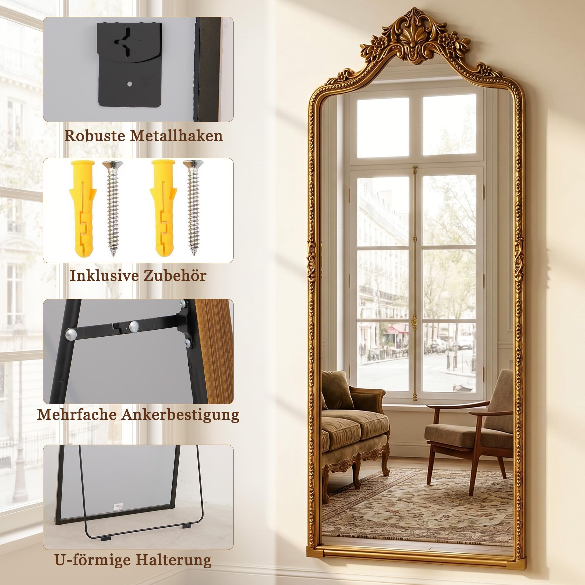 BEAUTYPEAK 175x70 cm Retro-Ganzkörperspiegel mit Geprägter Verzierung an der Oberseite, Groß Standspiegel Geeignet zur Dekoration von Wohnzimmern, Gold