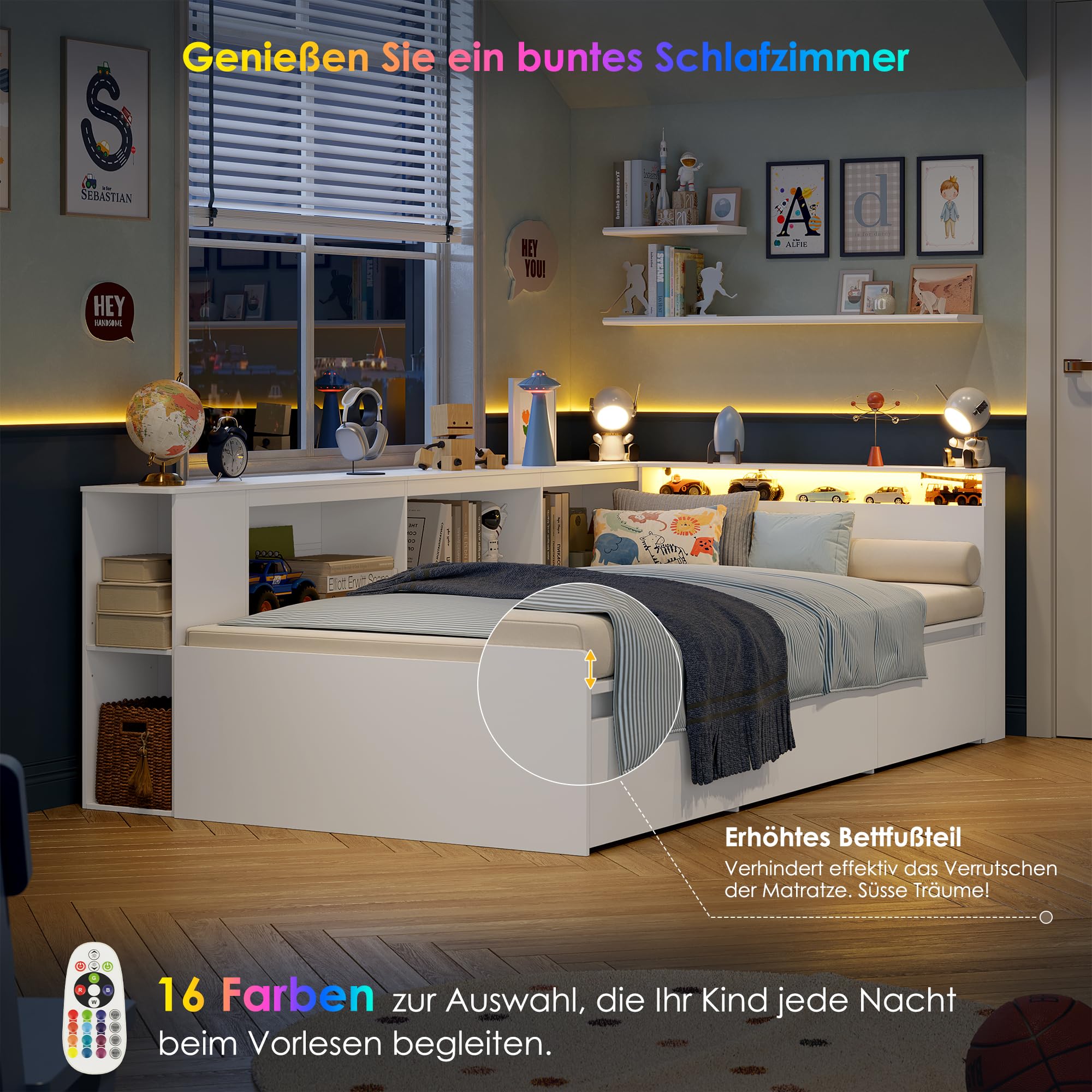 FOREHILL Kinderbett 90x200 cm Jugendbett mit LED-Beleuchtung, Einzelbett mit 3 Schubladen und Bücherregal, Tagesbett Stauraumbett Holzbett Schrankbett (Ohne Matratze) Weiß