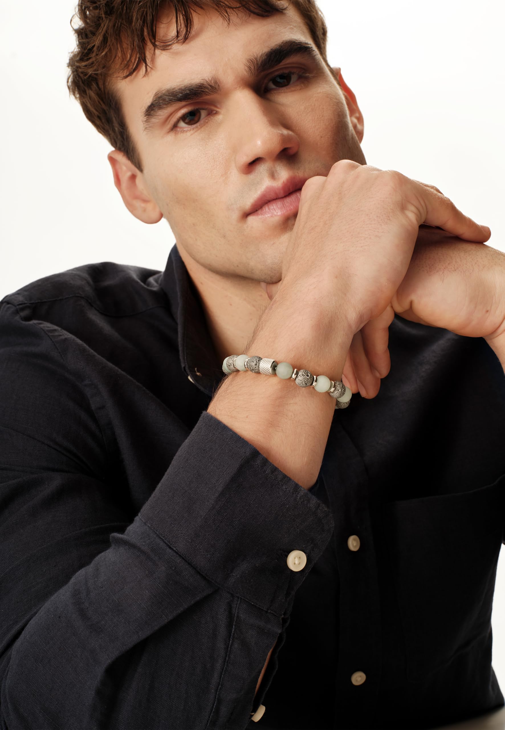 Breil, Collezione Fusion, Bracciale Uomo, con Sfere in Pietre Naturali ed Elementi in Acciaio Lavorato, Chiusura a Moschettone, Lunghezza Regolabile fino a 22 cm, Idea Regalo Uomo