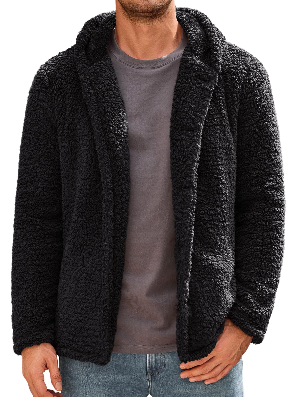 Runcati Mens Fuzzy Sherpa Hoodie Long Sleeve Button Down Fleece Jackets Casual Winter Hooded Sweatshirt