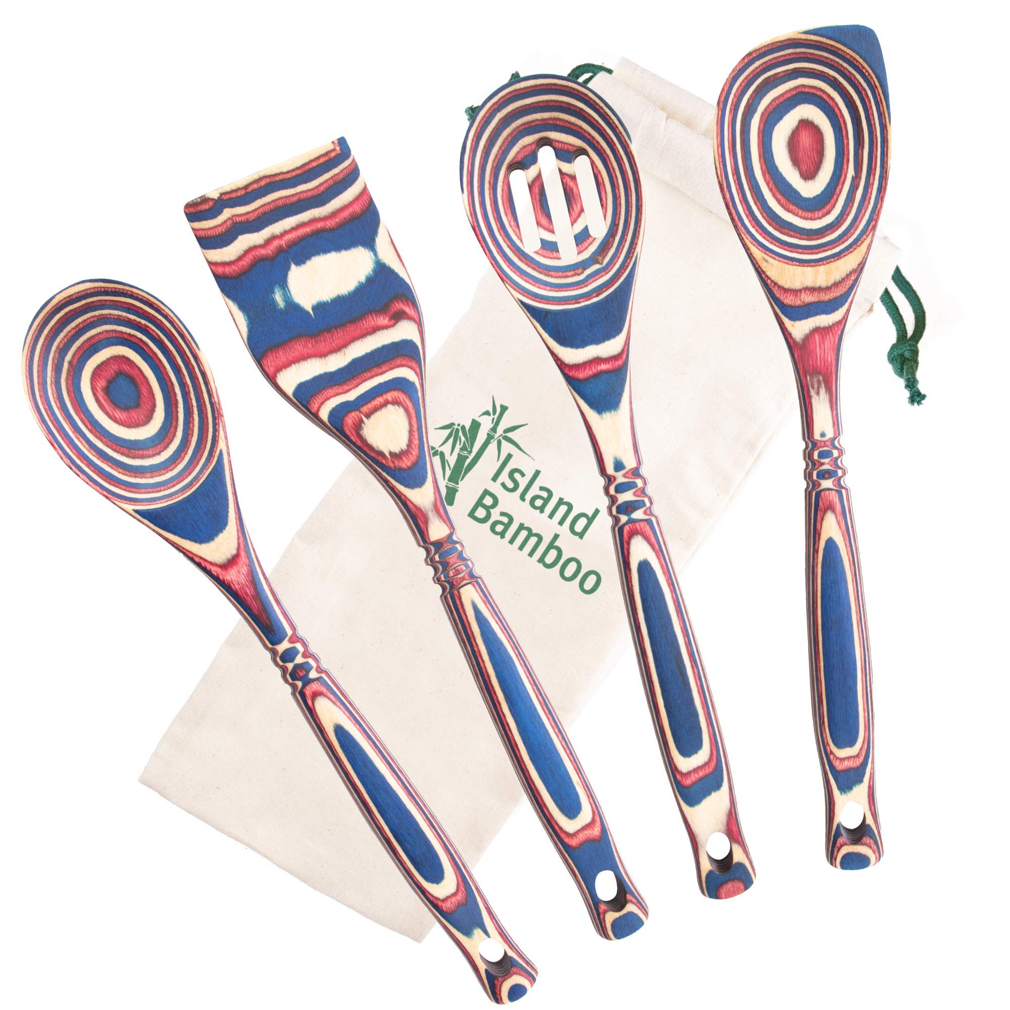 Island Bamboo 4-Piece Pakkawood Utensils Set – Durable, Eco-Friendly – Includes: (1) Traditional Spoon, (1) 3-Slotted Spoon, (1) Angled Corner Spoon, and (1) Dual-Edged Spatula – (Americana)
