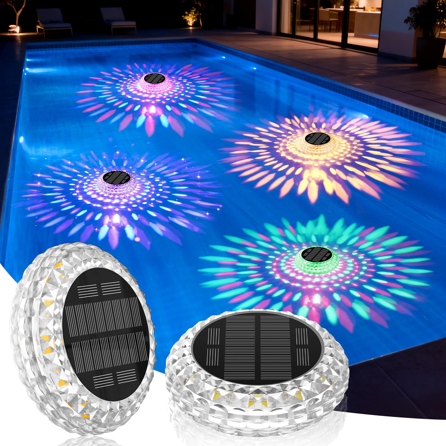 Shuniu Solar Poolbeleuchtung Unterwasser, 2 Stück Schwimmende LED Pool Licht, RGB & Warmweiß Modi, IP68 Wasserdicht, 600mAh Akku, Teichbeleuchtung für Whirlpool, Schwimmbad & Badewanne Deko