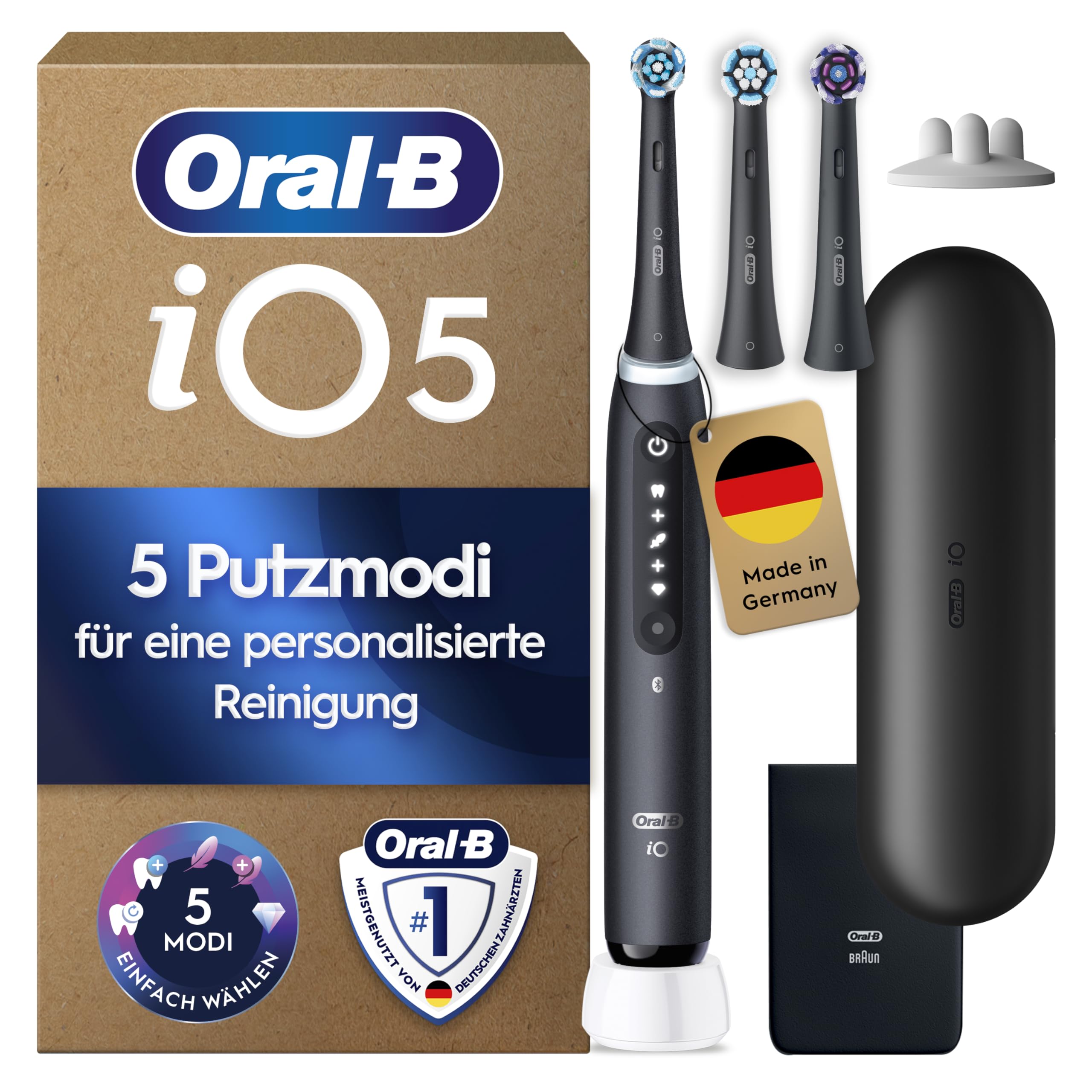 Oral-B iO Series 5 Plus Edition Elektrische Zahnbürste — Electric Toothbrush, Inkl. 3 Aufsteckbürsten, 5 Putzmodi für Zahnpflege, Reise-Etui — Zahnbürste Elektrisch, Designed by Braun, Schwarz