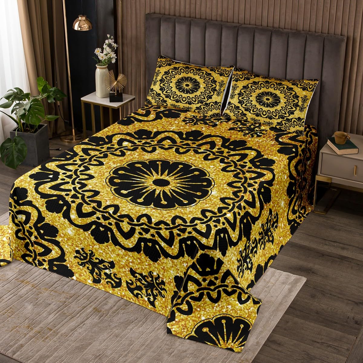Vintage Baroque Bedspread Twin Size Japanese Cherry Blossom Boho Mandala Flowers Bedding for Kids Teens Bedroom Golden Sequins Glitter Tribal Damask Coverlet Set Quilt Set for All Season,2 Pcs