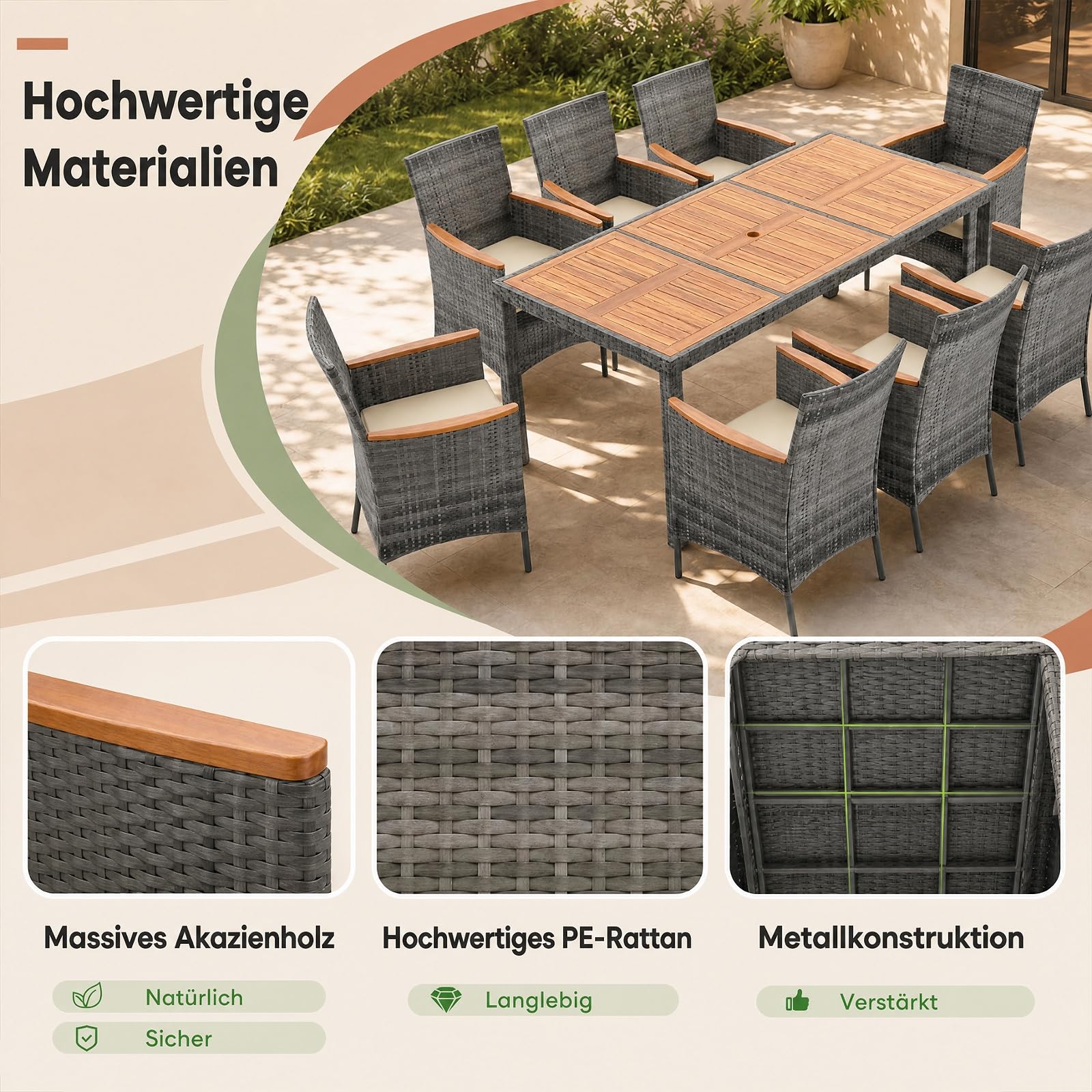 SOARS Salotto da Giardino Esterno, Set Mobili da Esterno in Rattan e Legno Massello con 8 Poltrone, Tavolo da Pranzo con Foro per Ombrellone da 5 cm e Cuscini Morbidi per Terrazzo, Bordo Piscina