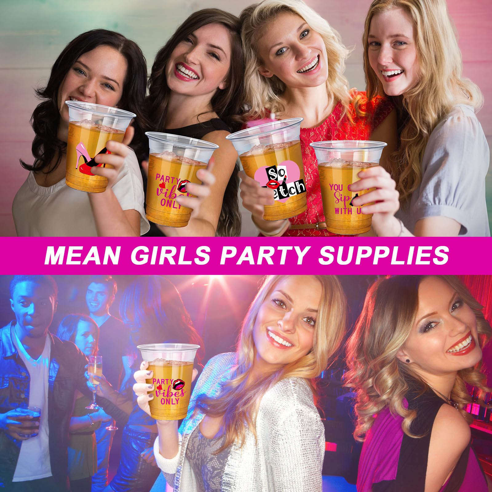meekoo 100 Pcs Hot Pink Burn Book Girls You Can't Sip with Us Party Cups Set 12oz Party Decorations Girls Trip Plastic Cups for Weddings, Birthday Cups, Bridal Showers Engagements Y2K Party Supplies