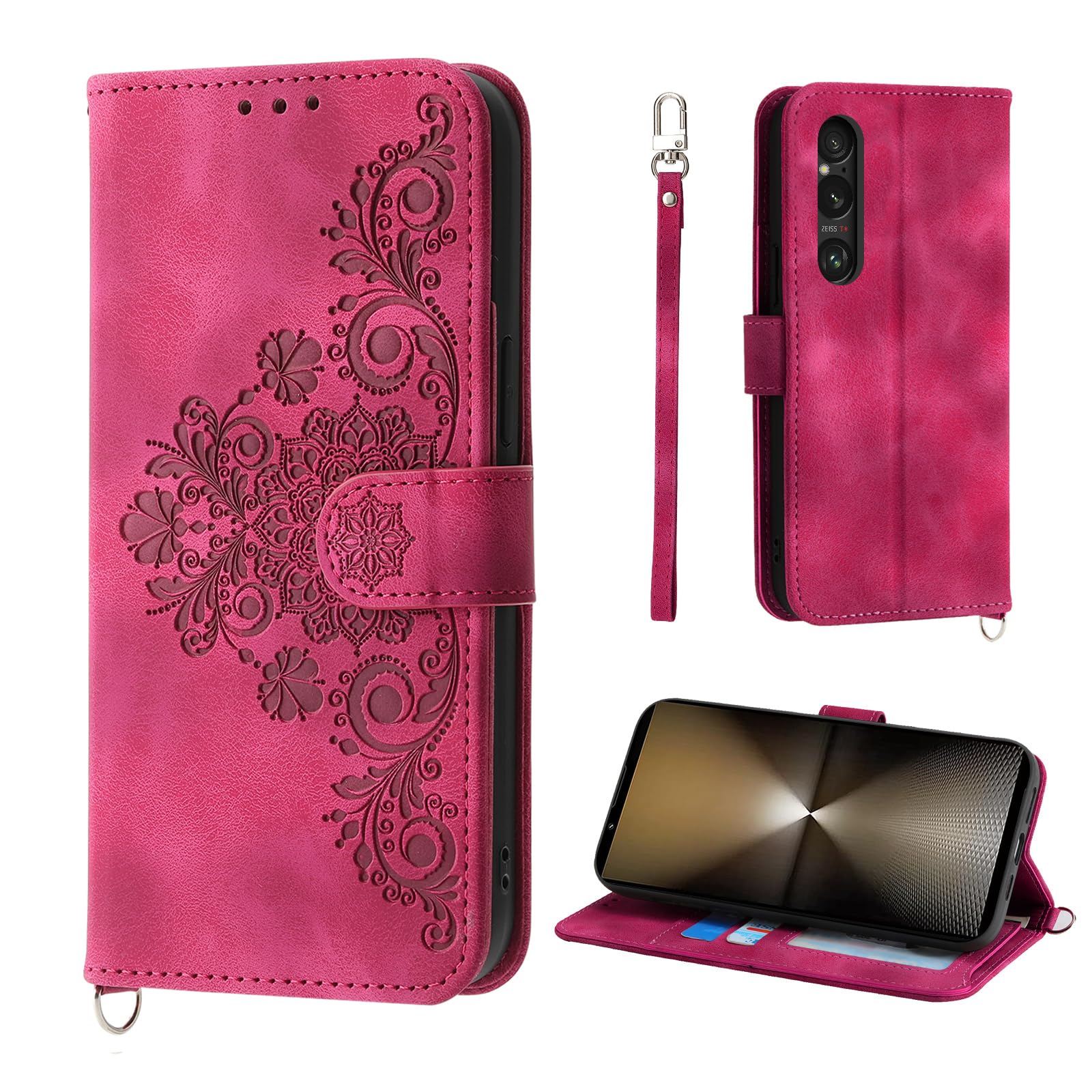Case for Sony Xperia 1 VI 5G 6.5", 5 Card Slots Case for Xperia 1 VI 5G Vintage Style PU Flower Leather Protective Case, Red