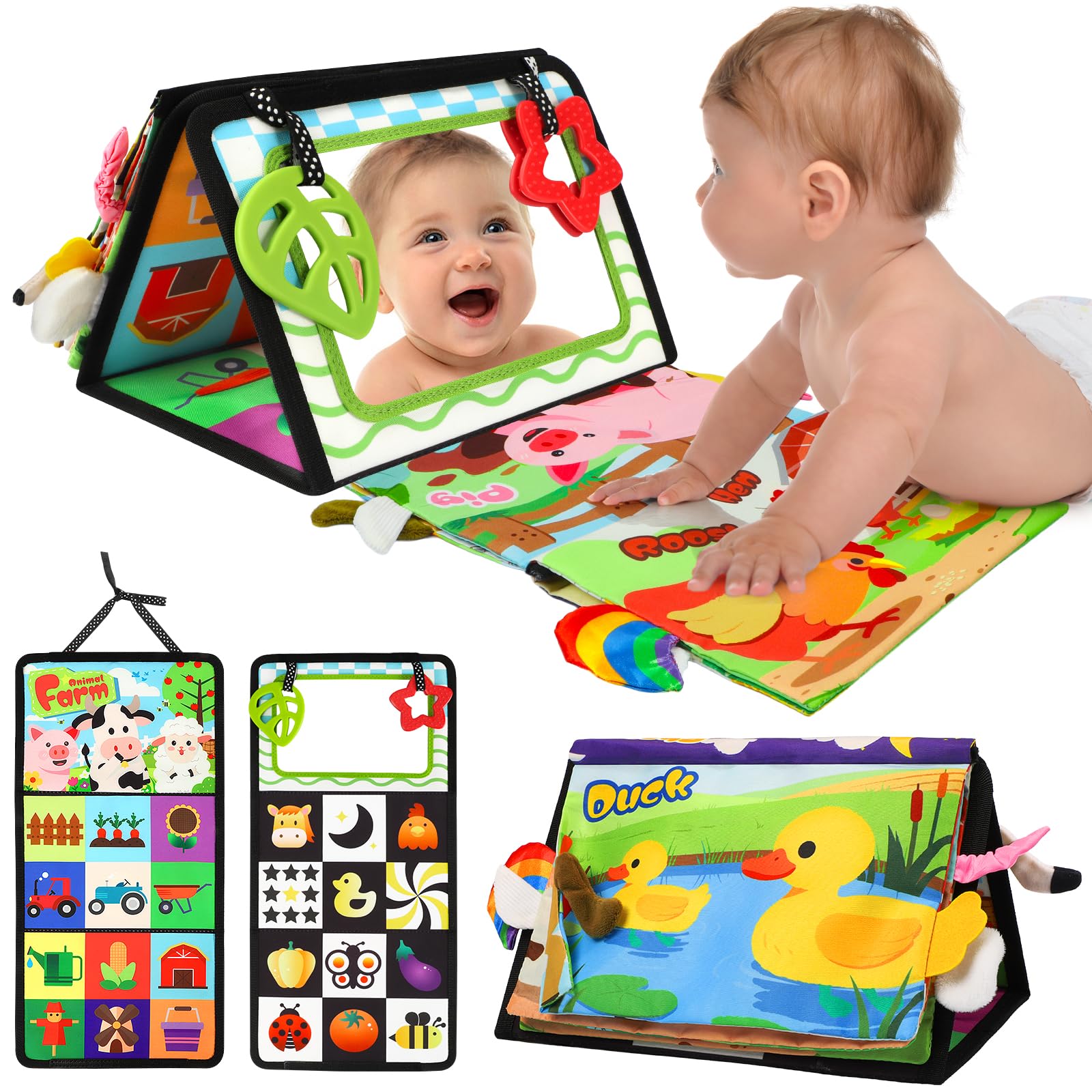 URMYWO Tummy Time Mirror Toys, High Contrast Baby Toys for Newborn | Visual Stimulation Black and White Baby Toys, Sensory Crinkle Book Toy for Infant 0-3-6-12 Months, Boy Girl Shower Gifts