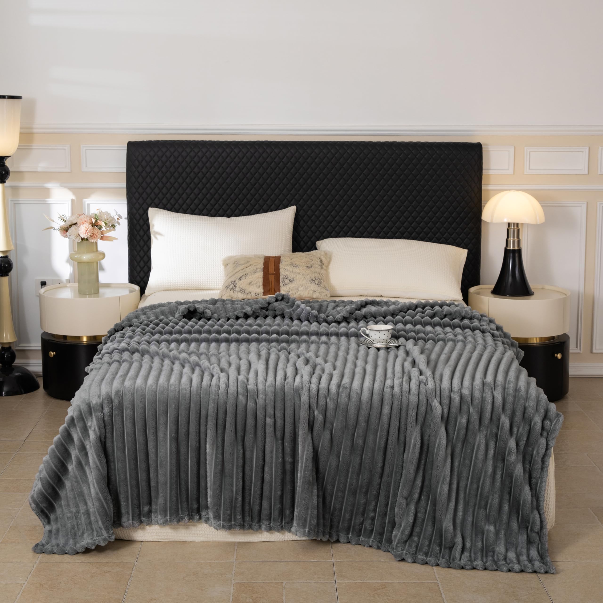 Coperta calda e soffice, coperta per divano, motivo a righe, motivo mamma, donne e fidanzate (grigio scuro, 150 x 200 cm)