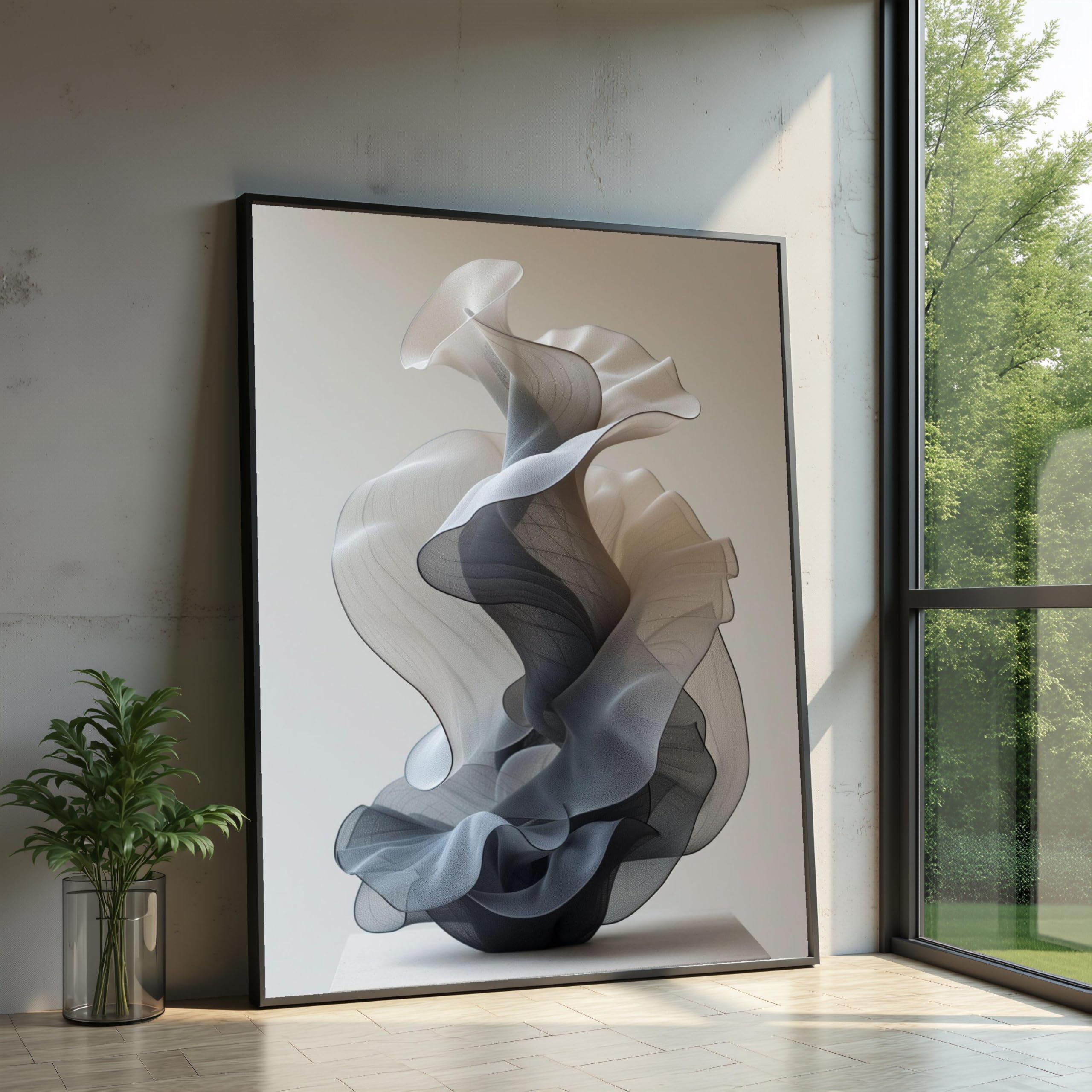XINBAO Flowing Fabric Sculpture Canvas, Minimalist Wall Art, Black and White Home Decor, Contemporary Painting Canvas Design(80x120cm/Frameless)