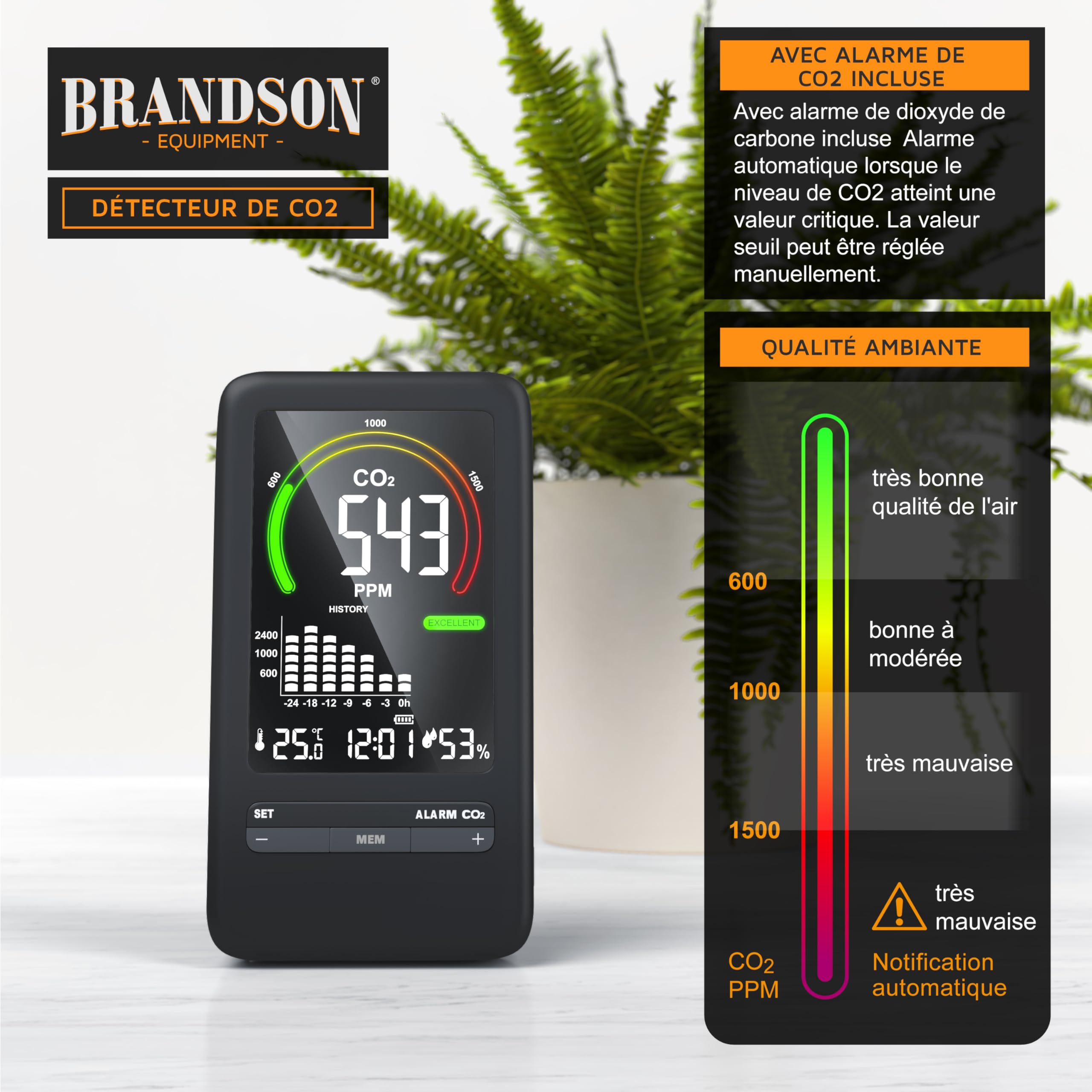 Brandson Moniteur de qualité de l'Air 5 en 1, Détecteur de CO2, Moniteur de Dioxyde de Carbone Température Humidité, Batterie Rechargeable 2000 mAh USB-C pour Maison Bureau Salle de Sport Voiture