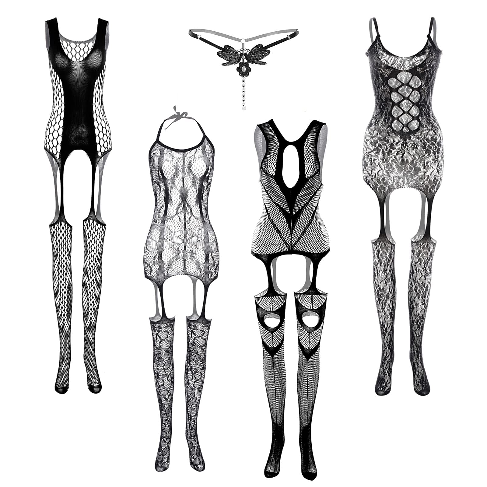 通用Women Fishnet Bodysuits Stockings Lace Sleepwear Lingerie Couple Dating Nightwear Black 4Pcs and 1Pcs Tong