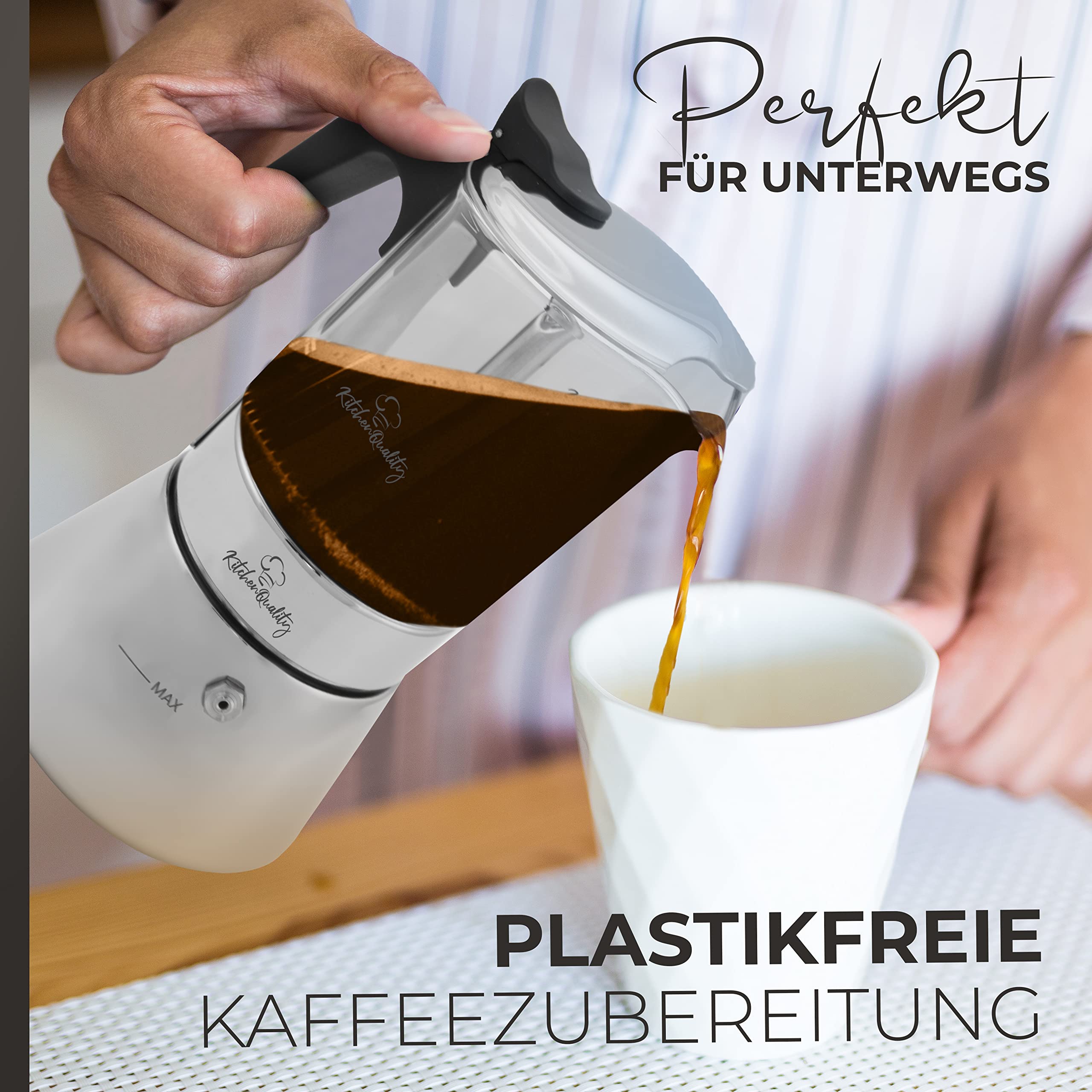 Zaparzacz do espresso – szkło + stal nierdzewna – 240 ml – na 4 filiżanki – 18,5 x 14 cm – do płyt ceramicznych, kuchenek gazowych, elektrycznych i indukcyjnych – z łyżeczką do porcjowania + 3 podstawki korkowe