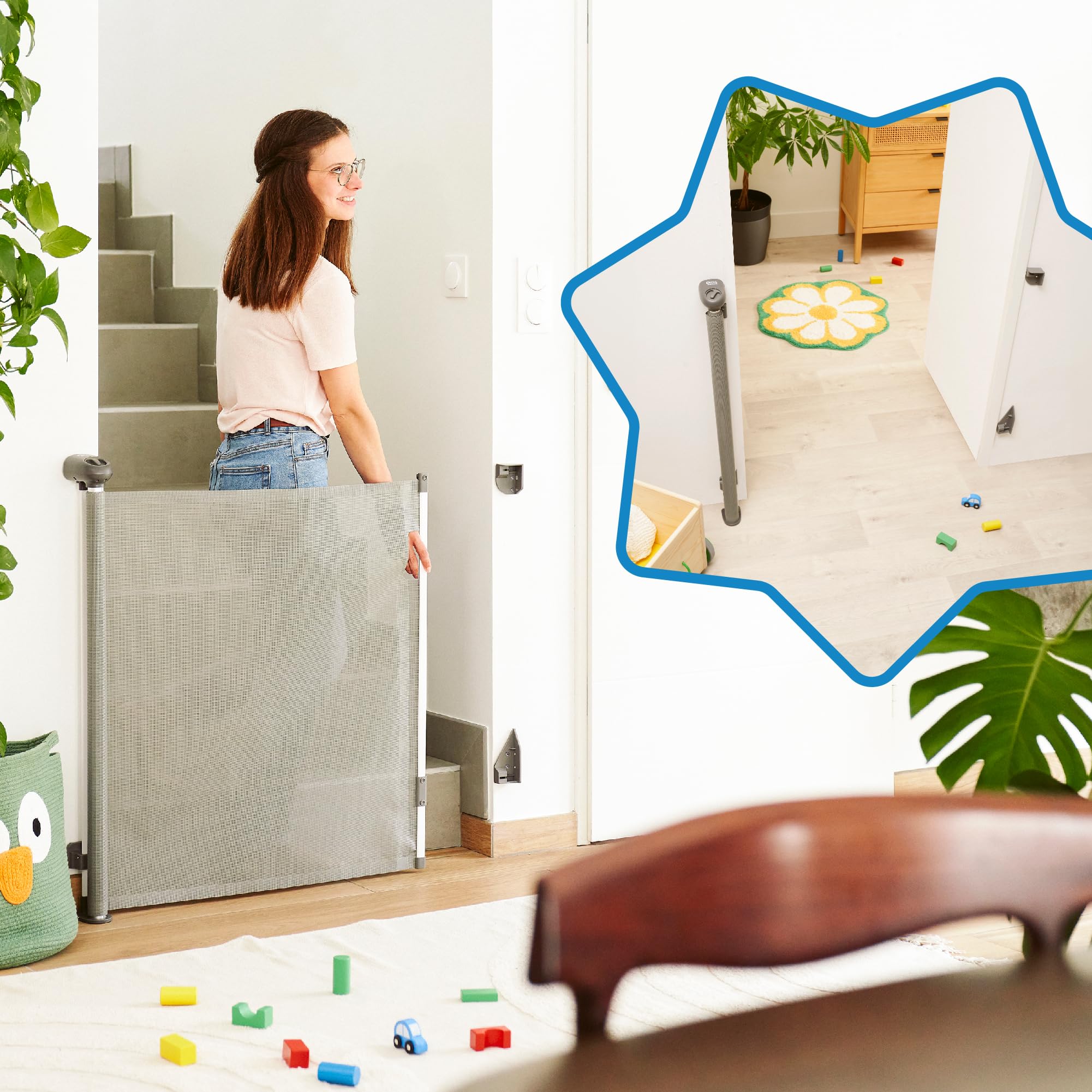 Badabulle Barrière de Sécurité Enfant Safe&Roll- Barrière Fixation Vis, Barrière Retractable Extensible (jusqu'à 140cm) - Discrète - Simple à Installer - Ouverture Facile & Sécurisée