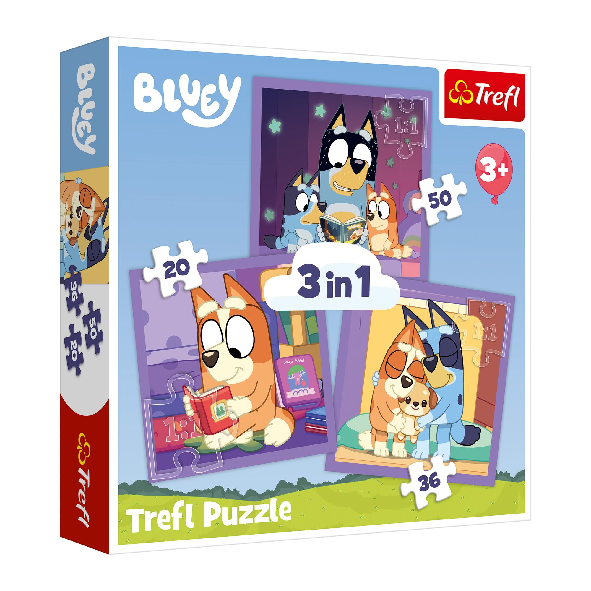 Trefl - Bluey, Lernen Sie Bluey kennen – 3-in-1-Puzzle, 3 Puzzles, 20 bis 50 Teile – Verschiedene Schwierigkeitsgrade, Unterhaltung für Kinder ab 3 Jahren