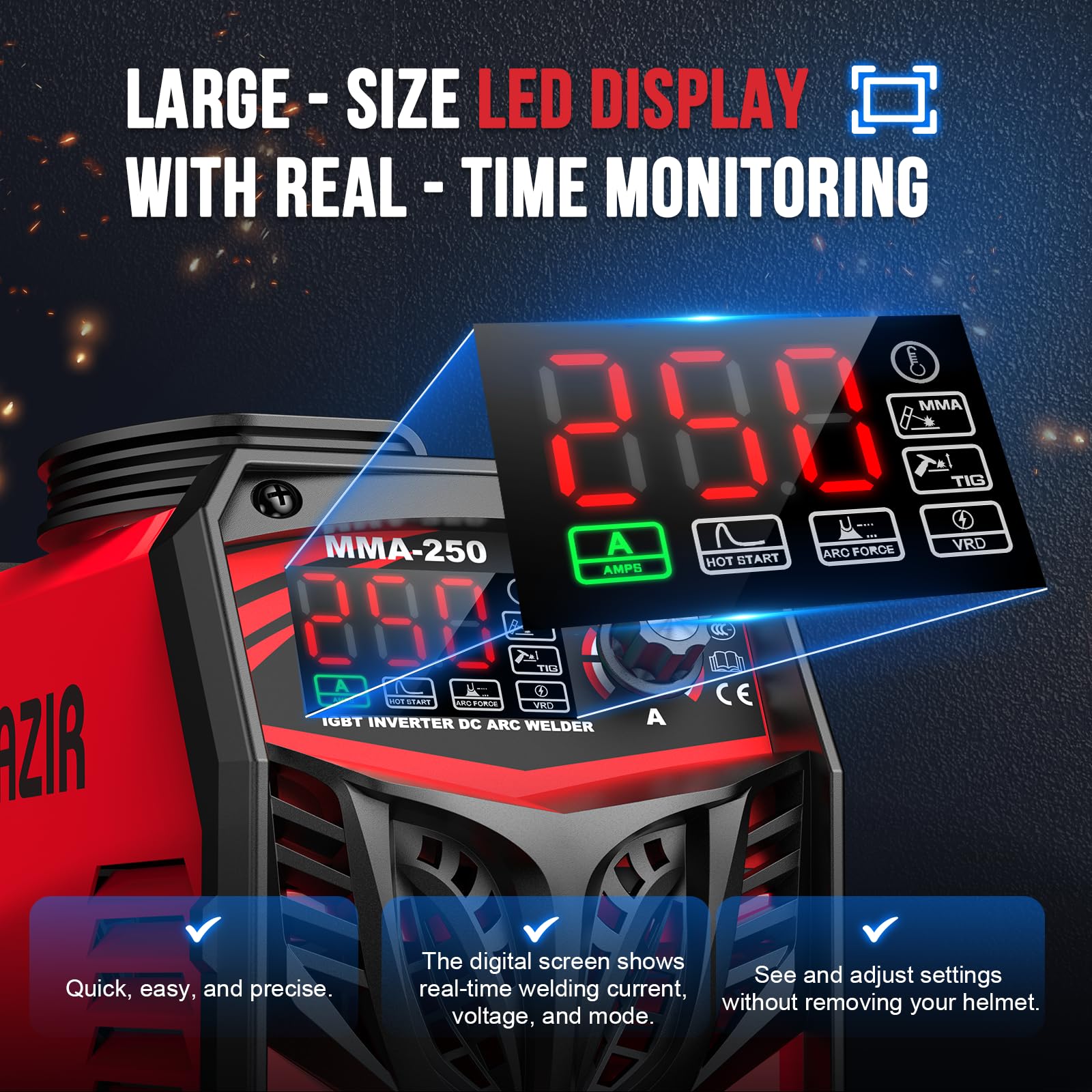 250A Elektroden schweißgerät 220V ARC Stick Welder mit LED-Display, tragbarer IGBT Inverter mit Hot Start, Arc Force & Anti-Stick, Komplettset für Heimwerker, Werkstatt & Landwirtschaft