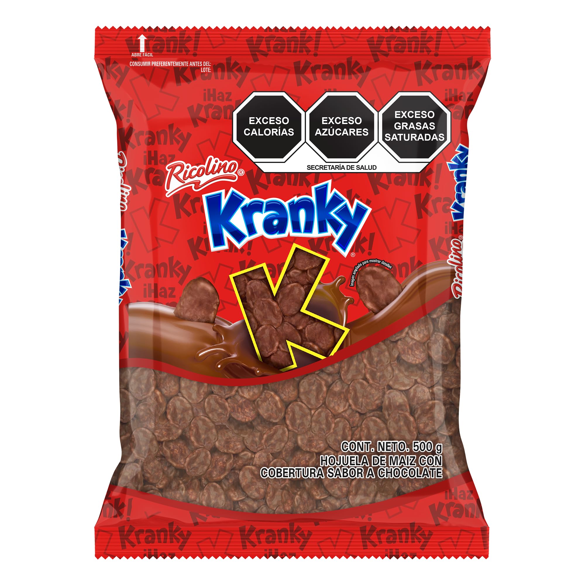 Kranky Hojuela de maíz con cobertura sabor a chocolate. Bolsa a granel de 500g.