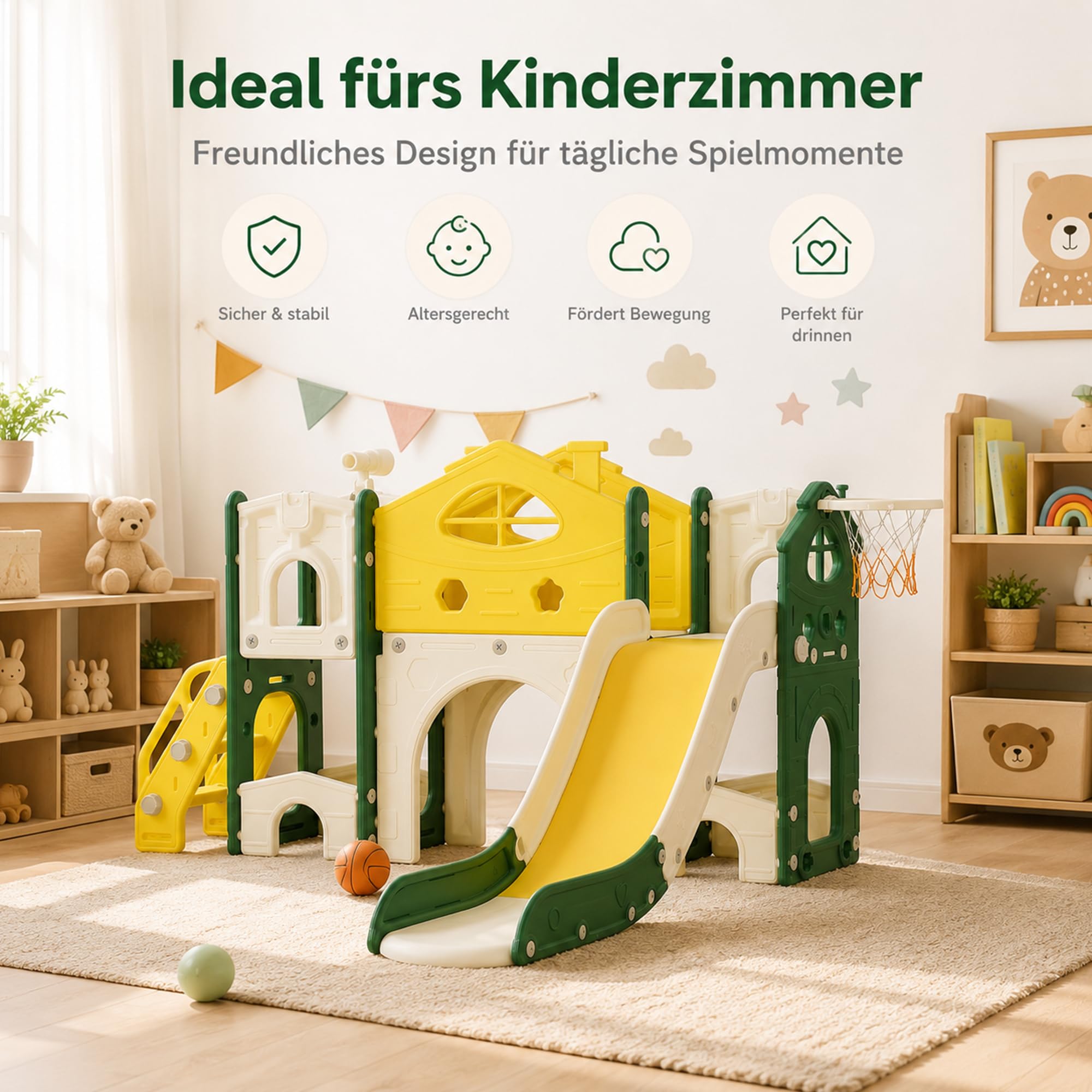 DULRLLY 5 in 1 Kinder Rutsche Indoor Outdoor, Rutschhaus mit Klettergerüst, Basketballkorb Und Tunnel, Schaukel und Treppe, Montessori Kinderspielplatz Wohnzimmer & Kinderzimmer ab 1–6 Jahre