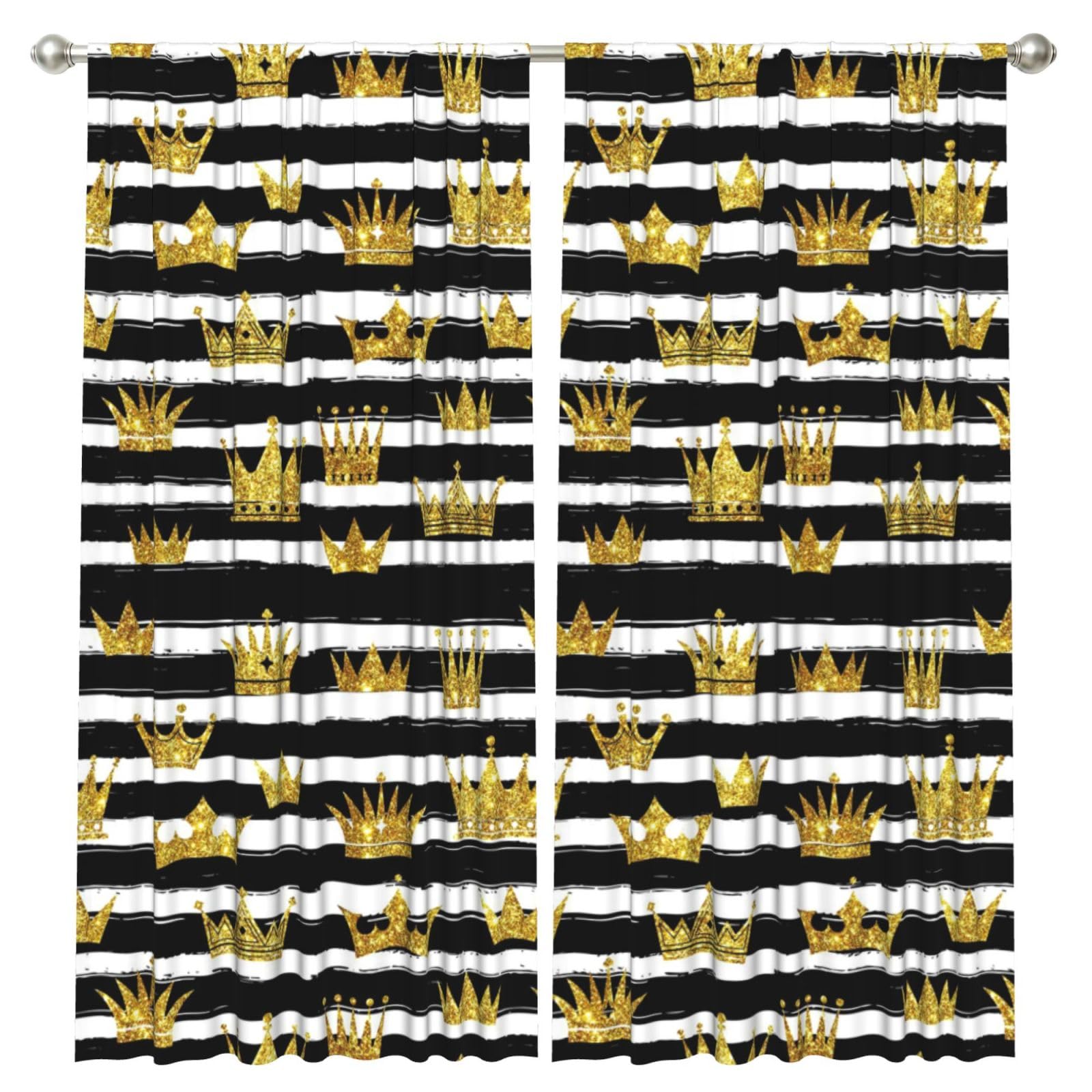 InOmak Golden Crown Glitter With Black And White Stripes, 2 Panels Window Curtains 52 x 84 Inch Blackout Curtains for Living Room Bedroom