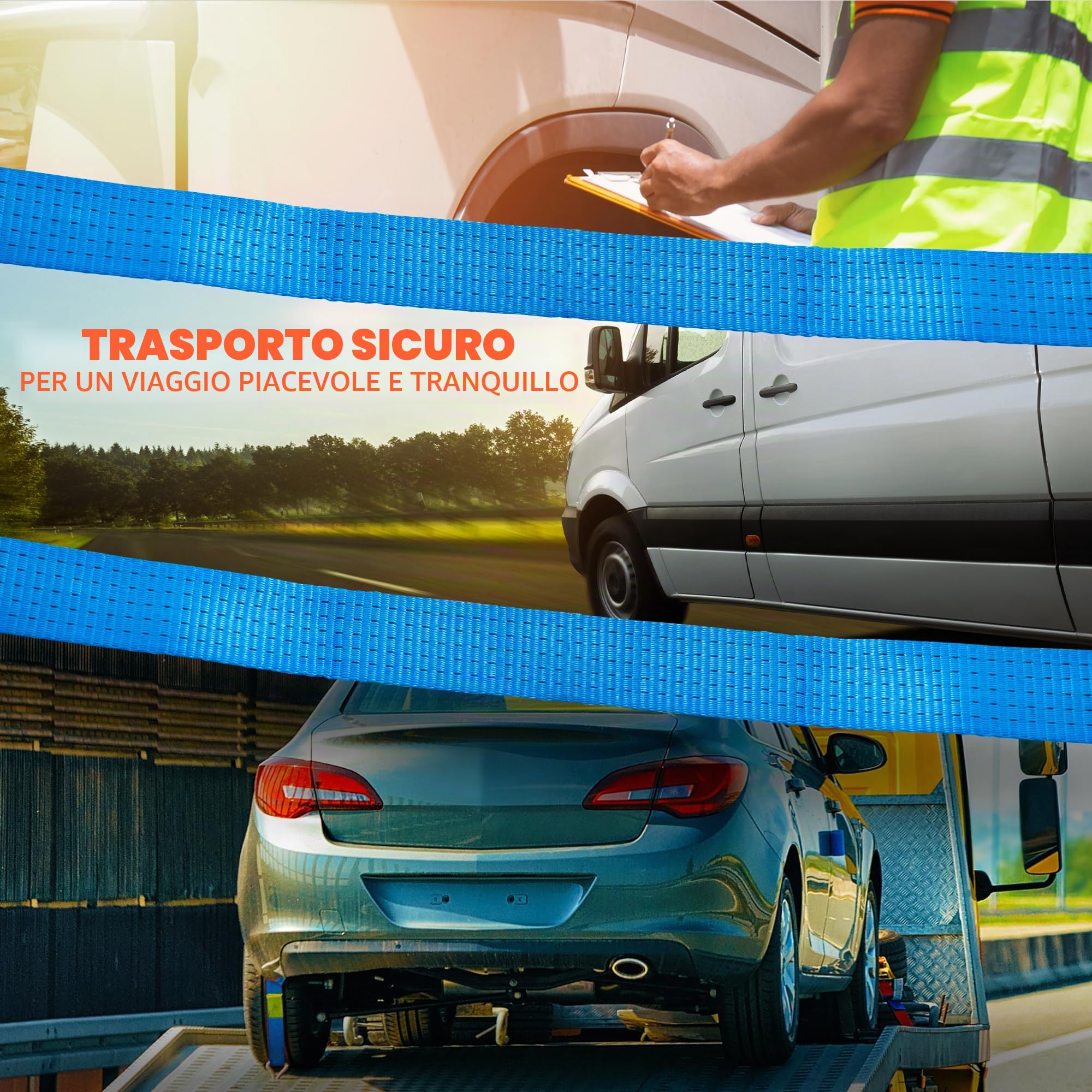 NTG Set da 4 cinghie di fissaggio per auto 2500 mm di lunghezza fino a 5000 kg con tubo antiscivolo e gancio | Fissaggio ruote | Cinghia | Auto | Cinghie per pneumatici