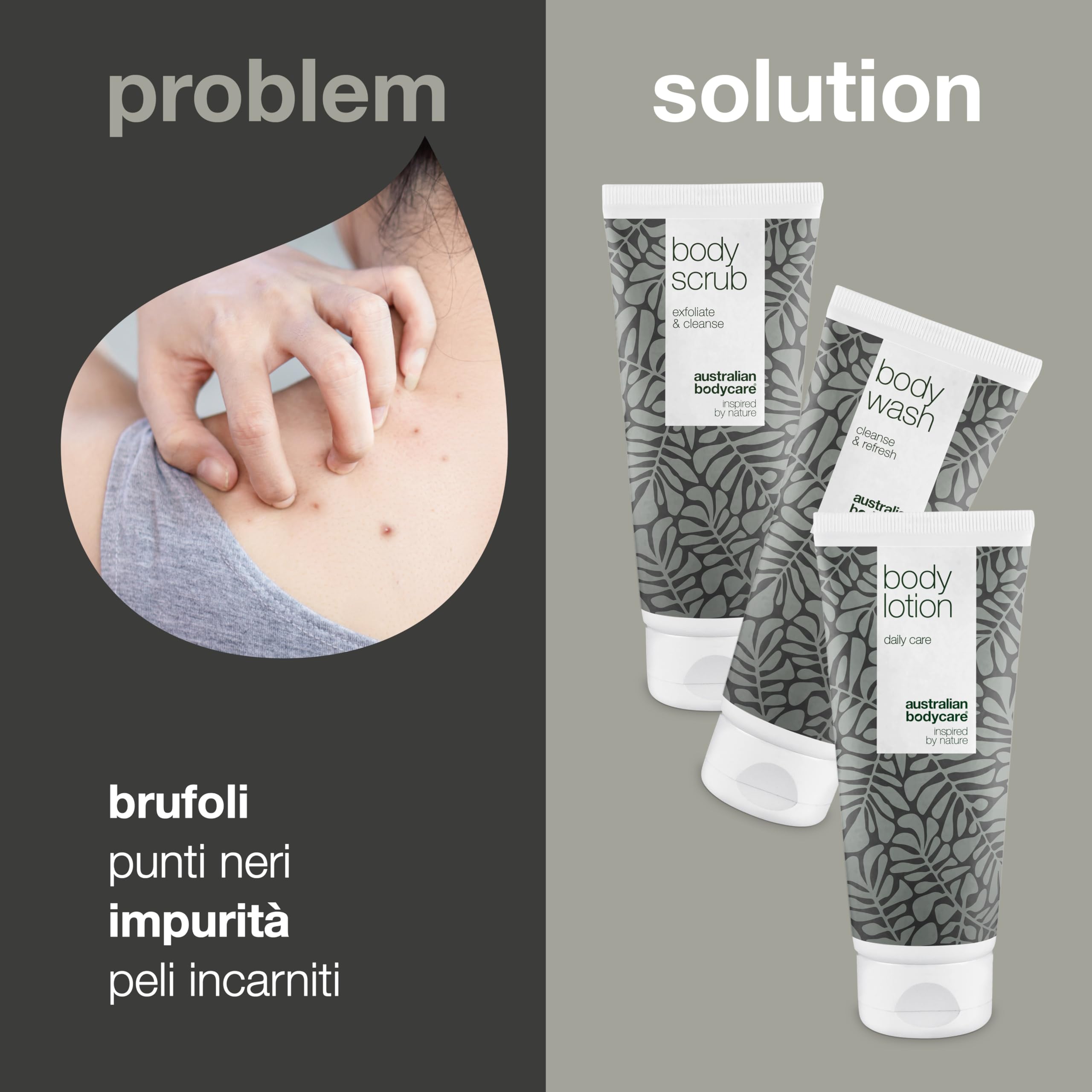 Australian Bodycare | Set di 3 prodotti corpo per brufoli e punti neri su schiena e glutei | Kit per l'acne al tea tree oil | Specifico per prevenire i problemi della pelle