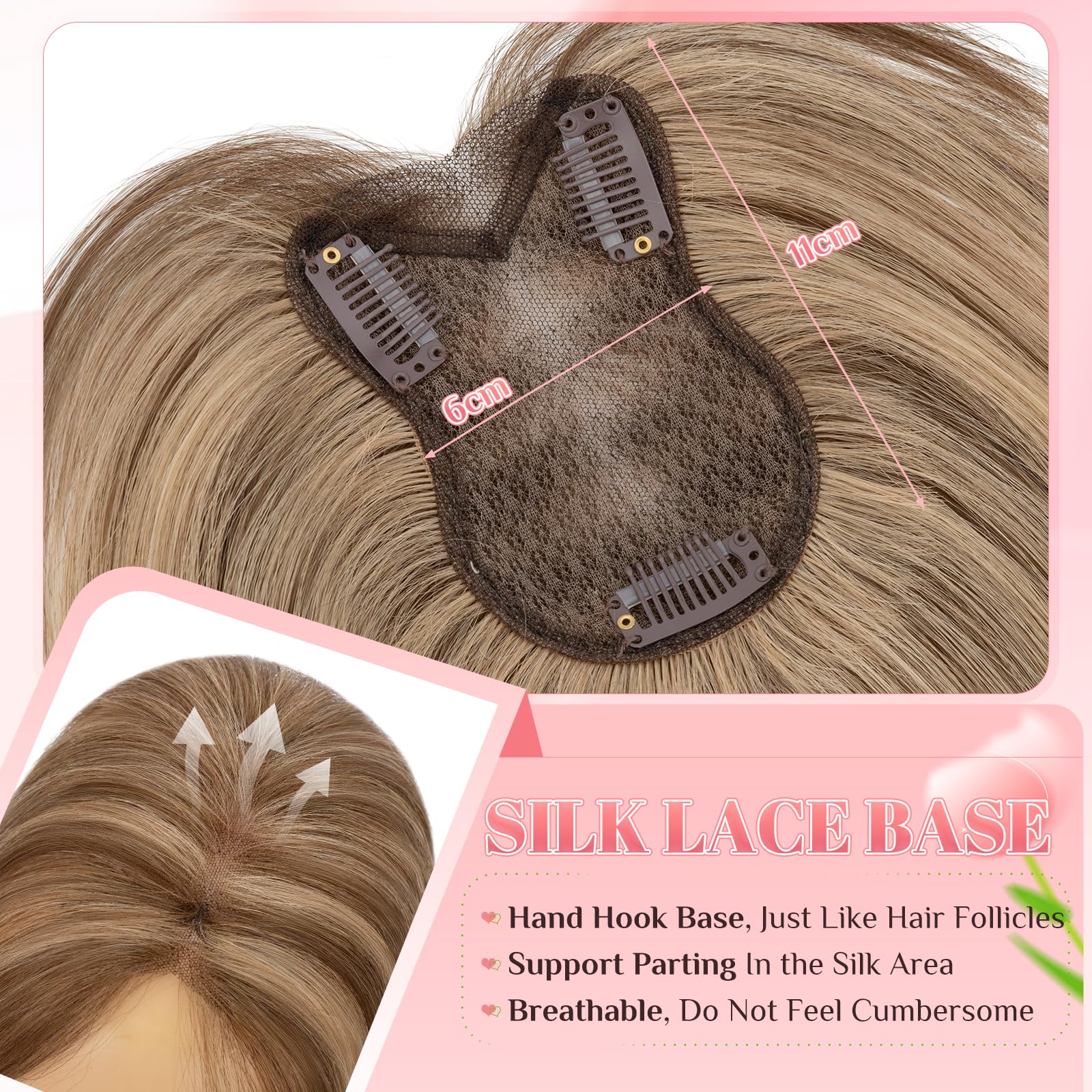 Elailite Protesis Capilar Pelo Natural Clip Mujer Marrón Medio Mecha Rubio Oscuro, 27.5cm 21g Capilares Cabello Humano Silk Lace 5cm*11cm #4P27