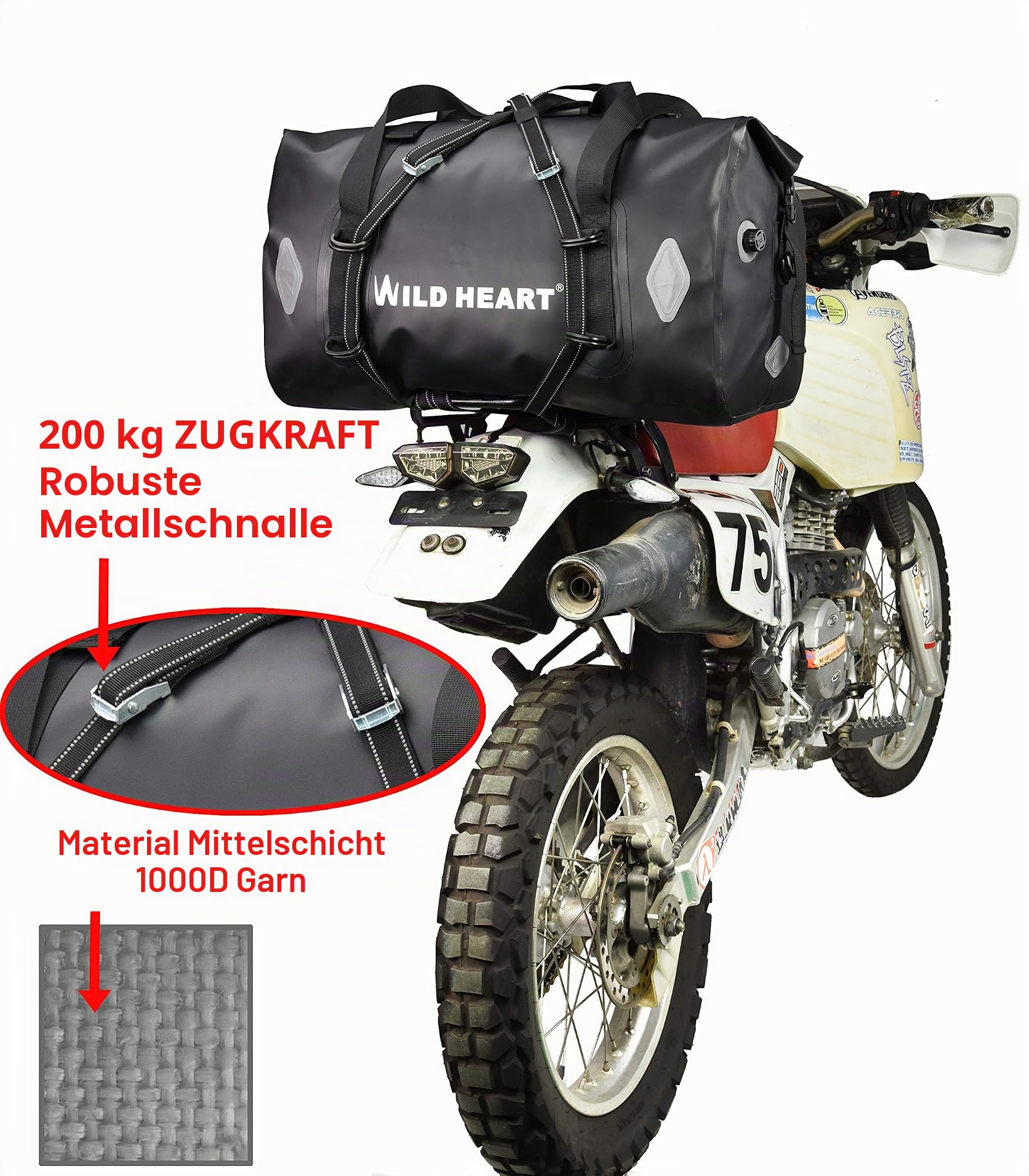 WILD HEART wasserdichte Tasche 55L 66L 77L Motorrad Tasche