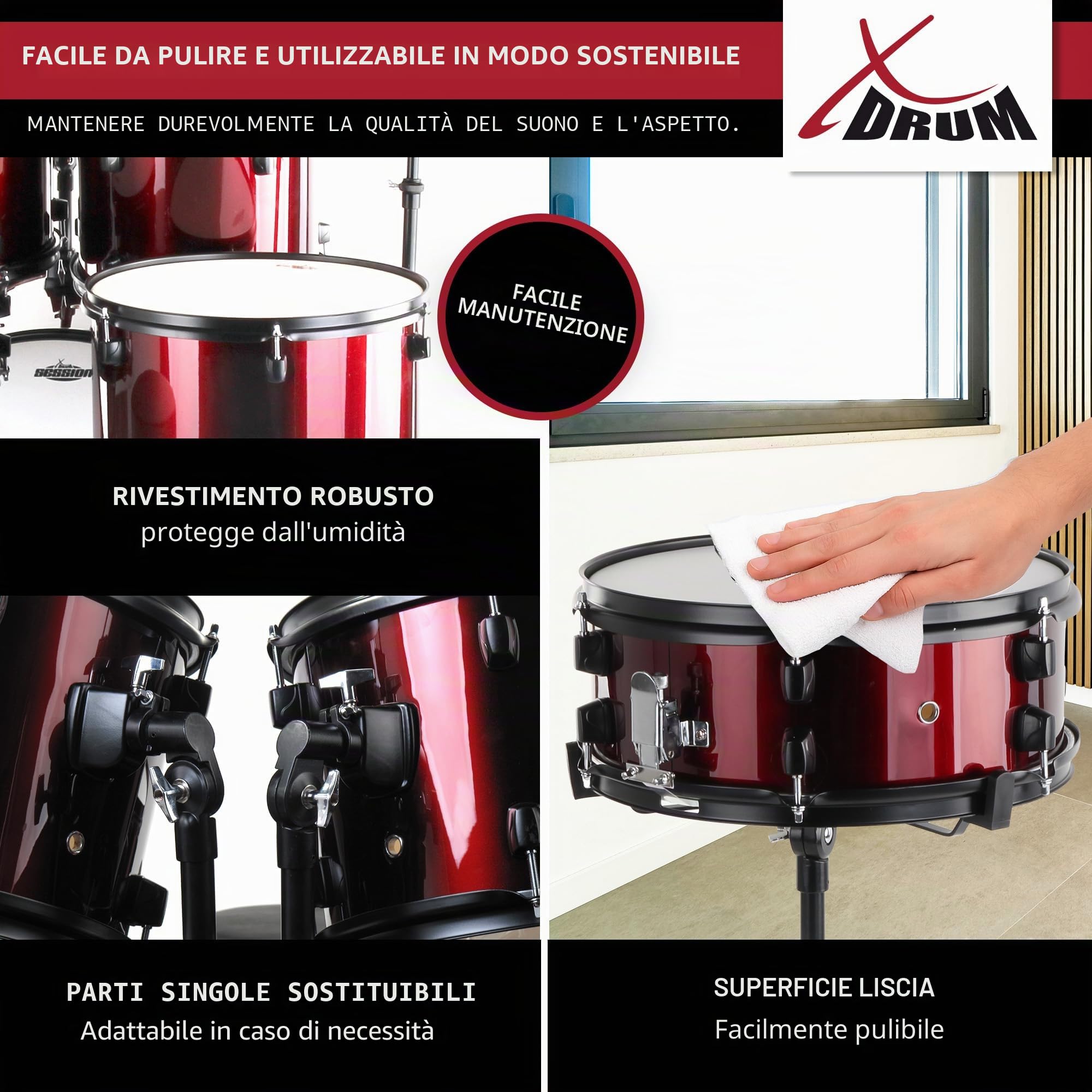 XDrum Rookie 20" Studio Batteria Rosso più Set Smorzatori, 14" TT | Fusti in pioppo acusticamente pregiato con pellicola speciale, Hardware nero a doppio supporto a 5 pezzi, 14" TT, 14" SD