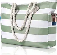 Bolsa de praia feminina – Bolsa grande de praia, impermeável, à prova de areia, com zíper, grande bolsa de praia para piscina, Verde, 16.5 x 5.2 14 inches