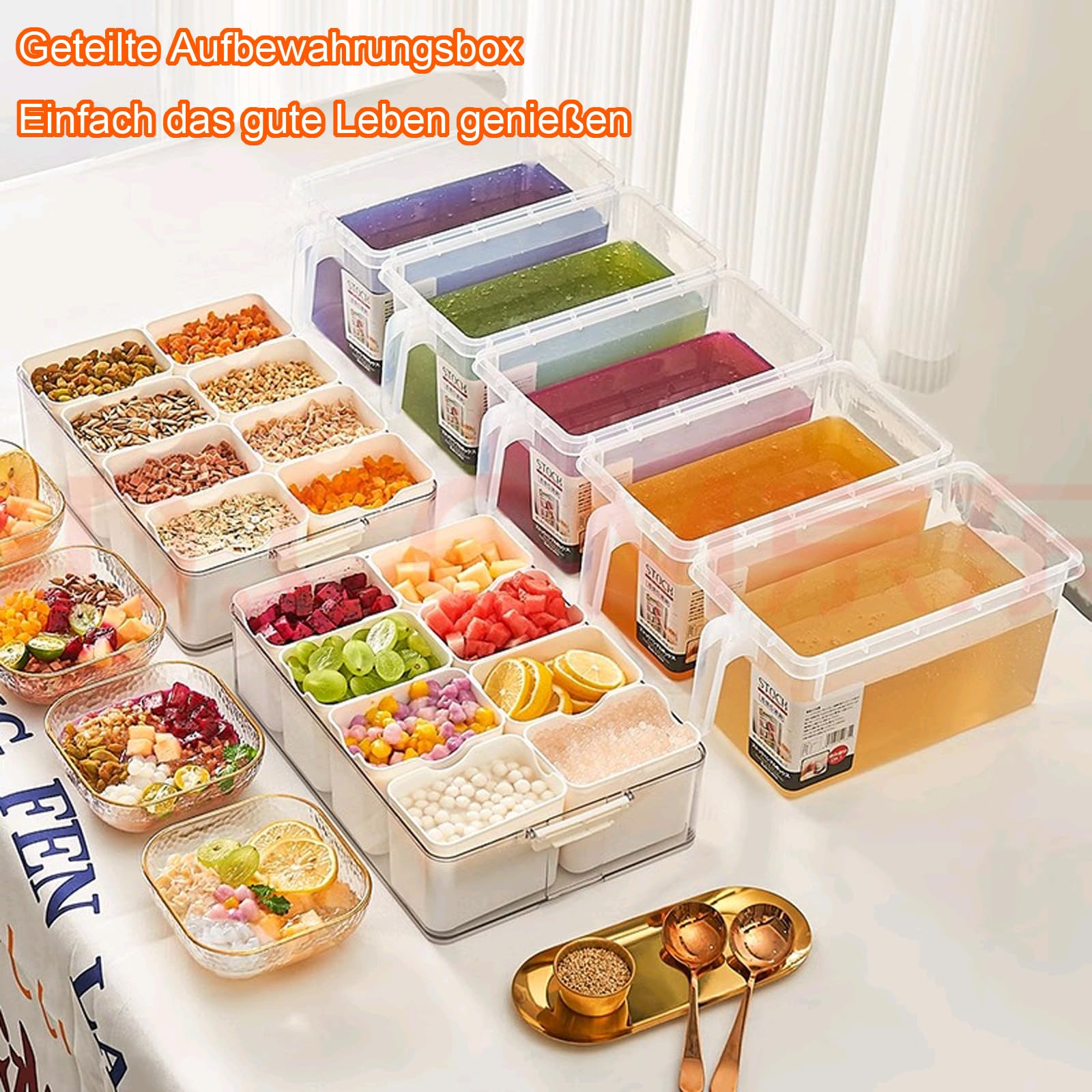 Snack-opbergdoos, snackbord met vakken, snackbord in de keuken met deksel, snackbox, transportbox, snackbox voor snoep, groenten