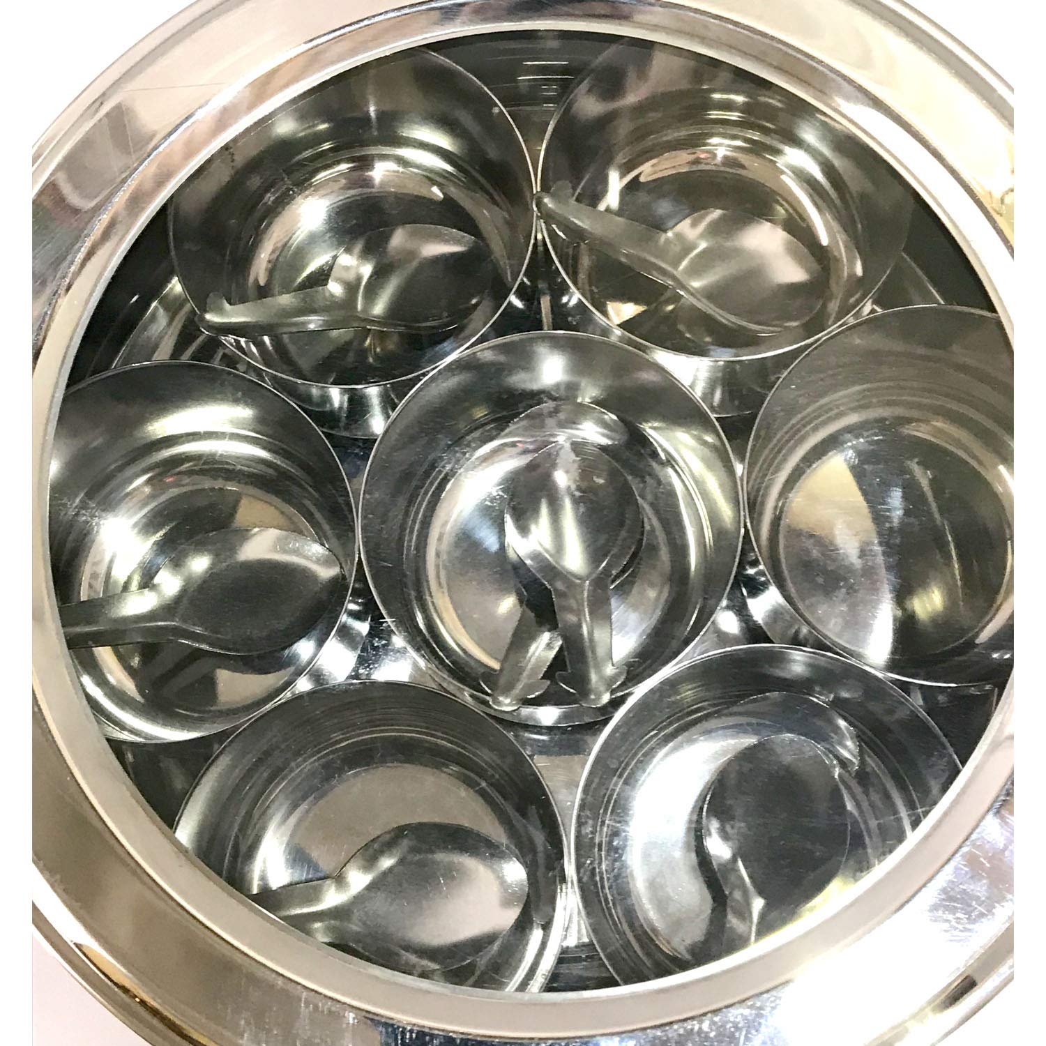Scatola per spezie in acciaio inox, Masala Dabba, coperchio trasparente 7 con contenitori e 7 cucchiai, forma ventre argentata, misura 12