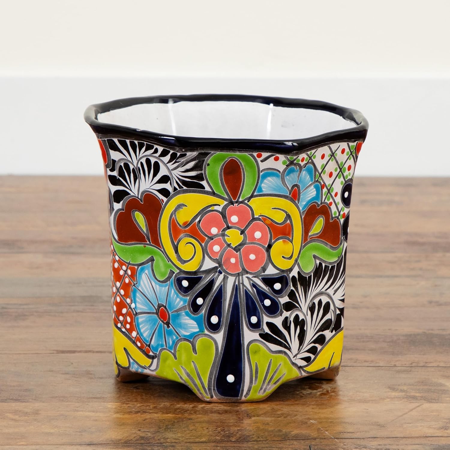 Nearly Natural Handcrafted Mexican Talavera Ceramic Planter - 9.5in x 10in, Vibrant Hand-Painted Design, Drainage Hole, Suitable for Faux and Live Plants, Decorative Use Only, Not Food Safe
