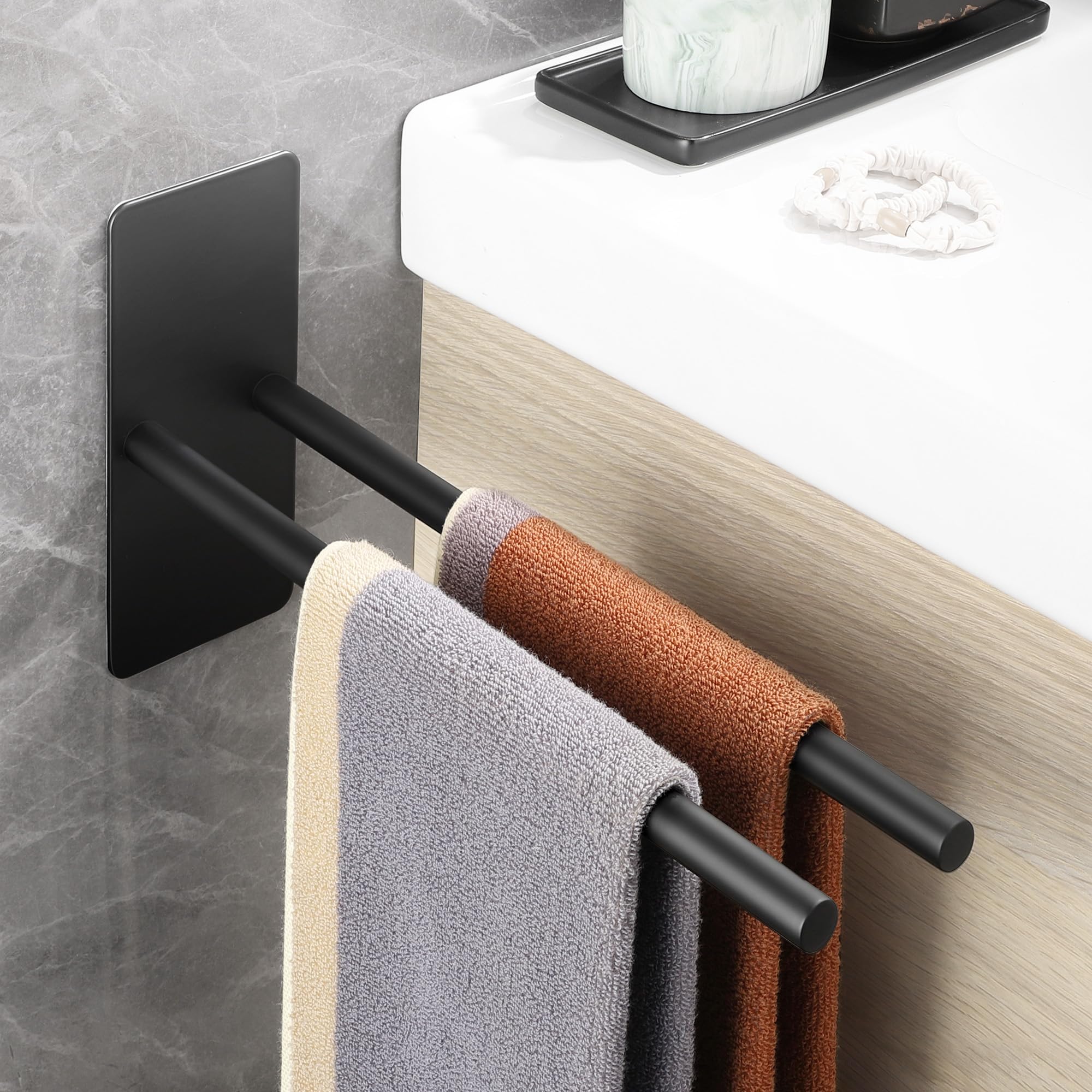Toalleros de Baño sin Taladro, Toallero Adhesivo de Acero Inoxidable 304 Mate con Doble Barra, Accesorios Baño sin Taladro para Colgar en Baño y Cocina, Negro