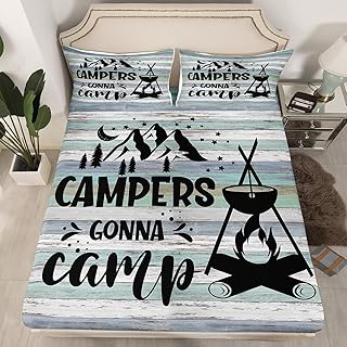 Erosebridal Teens Happy Camping Bed Sheet, Camper Bedding Set for Kids Boys Girls Bedroom Decor, Sketch Drawing Fitted Sheet Rustic Farmhouse Old Barn Door Fitted Bed Sheets 2Pcs,Twin Size