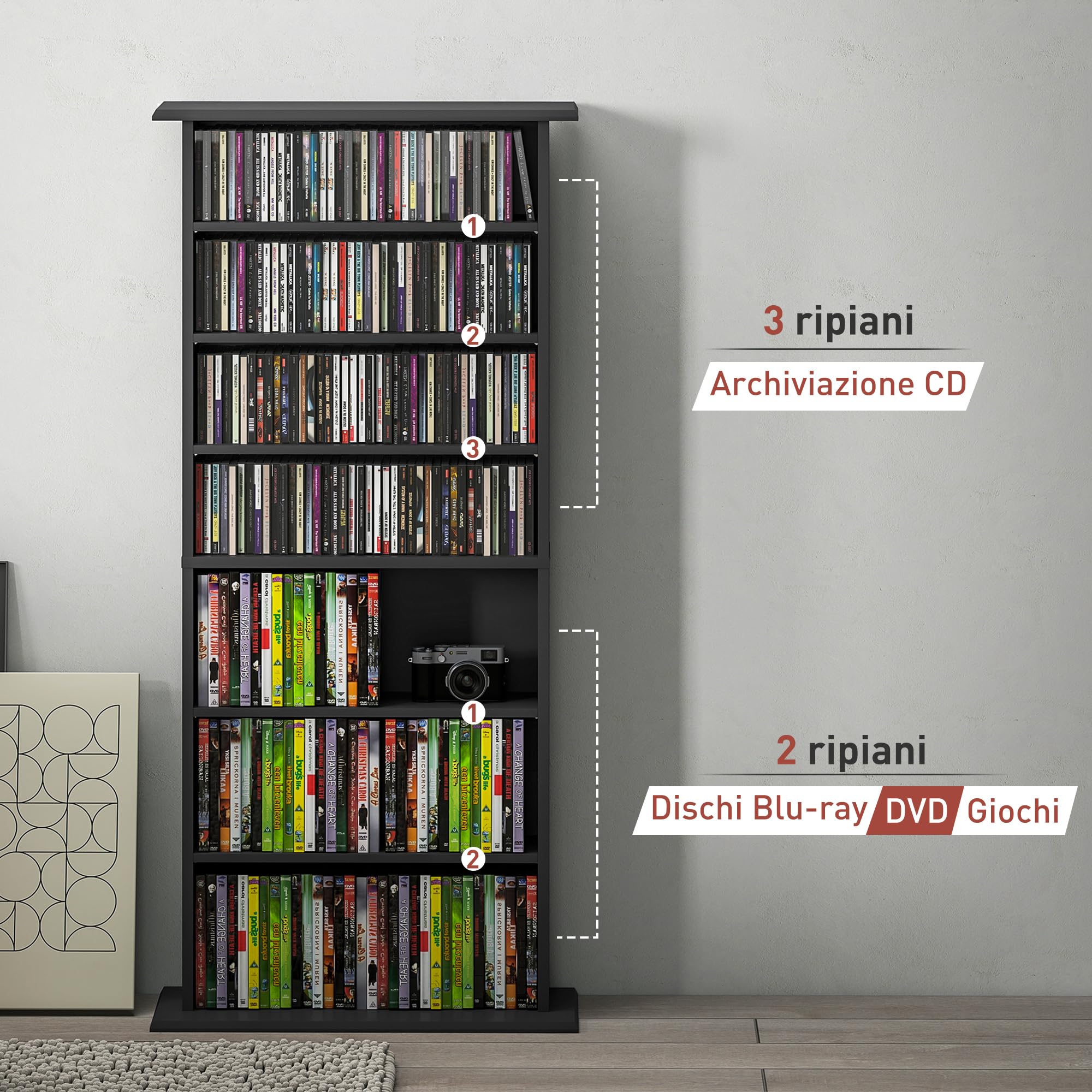 HOMCOM Mobile Porta CD con 6 Ripiani Regolabili, Scaffale Porta 360 CD/185 DVD Salvaspazio in Legno, Mobile Portacd con 8 Scomparti, per Soggiorno Camera da Letto Ufficio, 58x24x126.3 cm, Nero