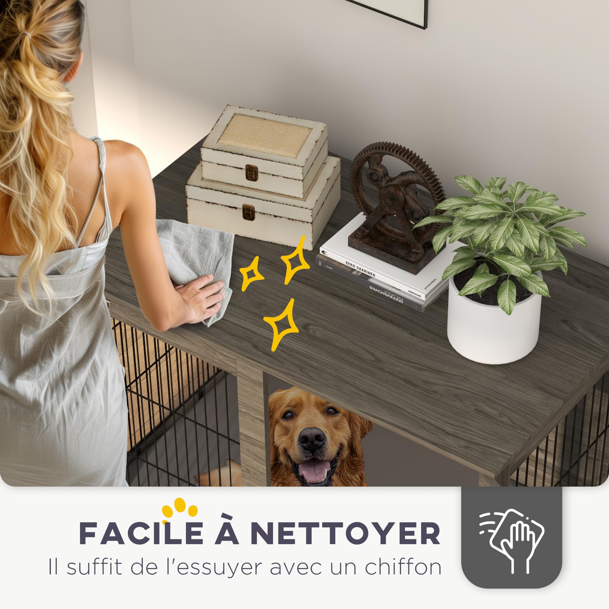 PawHut Cage pour Chien intérieur Table d'appoint 100 x 60 x 73,5 cm Niche pour Chiens jusqu'à 30 kg avec Coussin déhoussable Porte verrouillable Gris